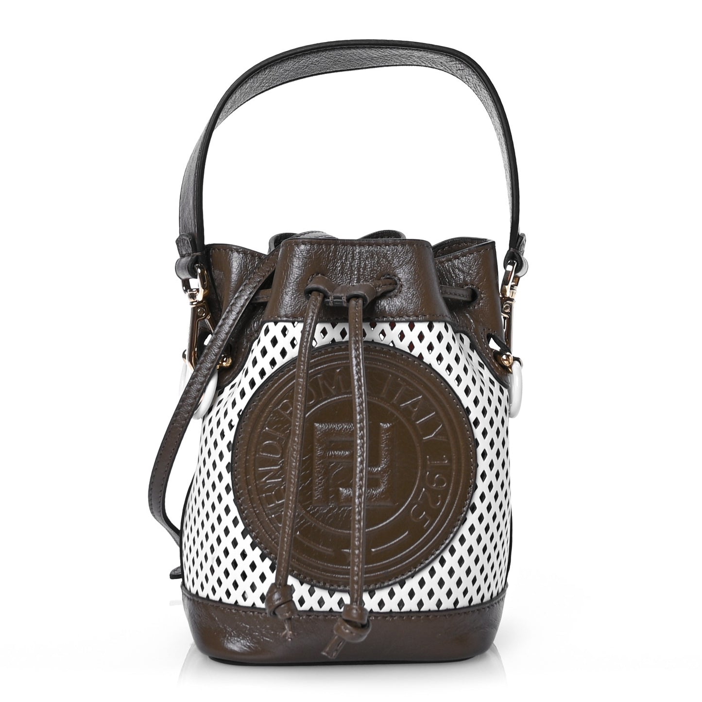 Vitello Liberty Glossy Lambskin F is Fendi Perforated Mini Mon Tresor Bucket Bag White Ice Rust Maya