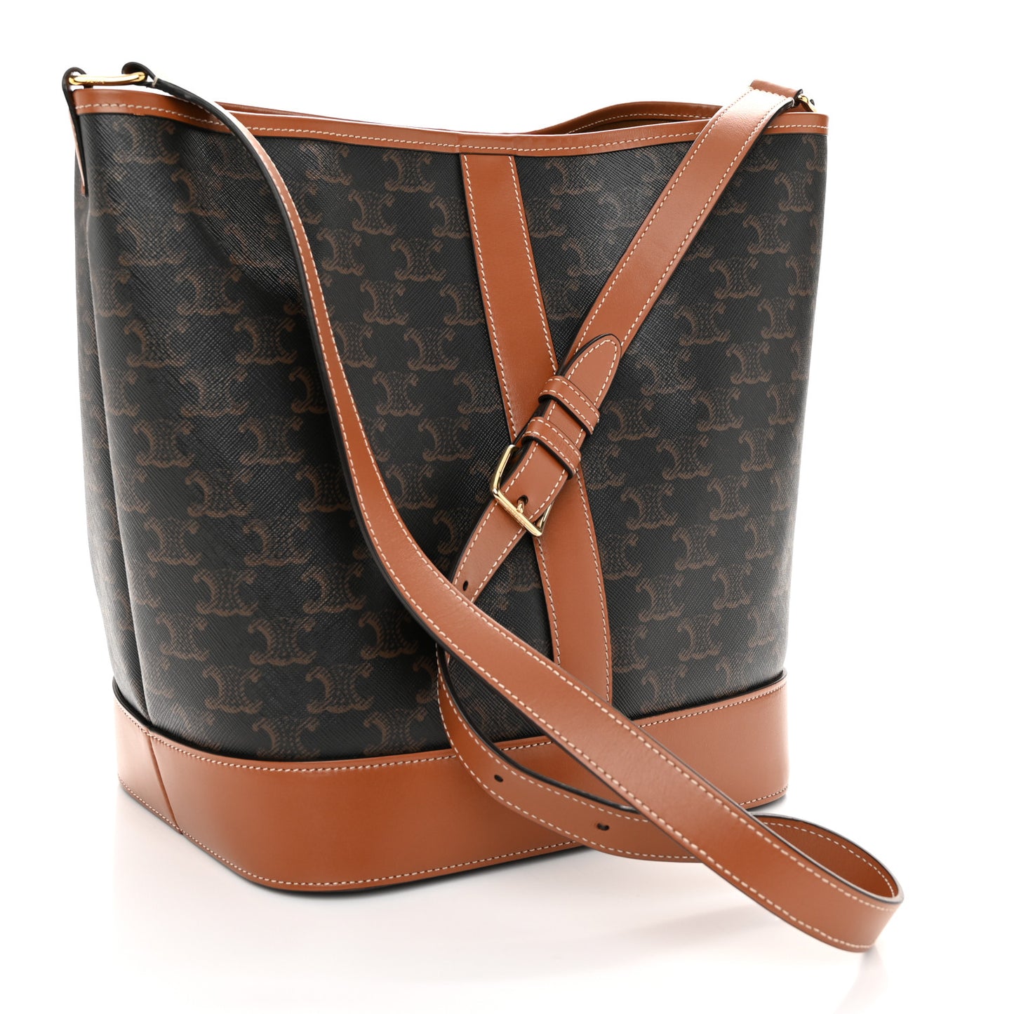 Triomphe Canvas Calfskin Medium Bucket Bag Tan