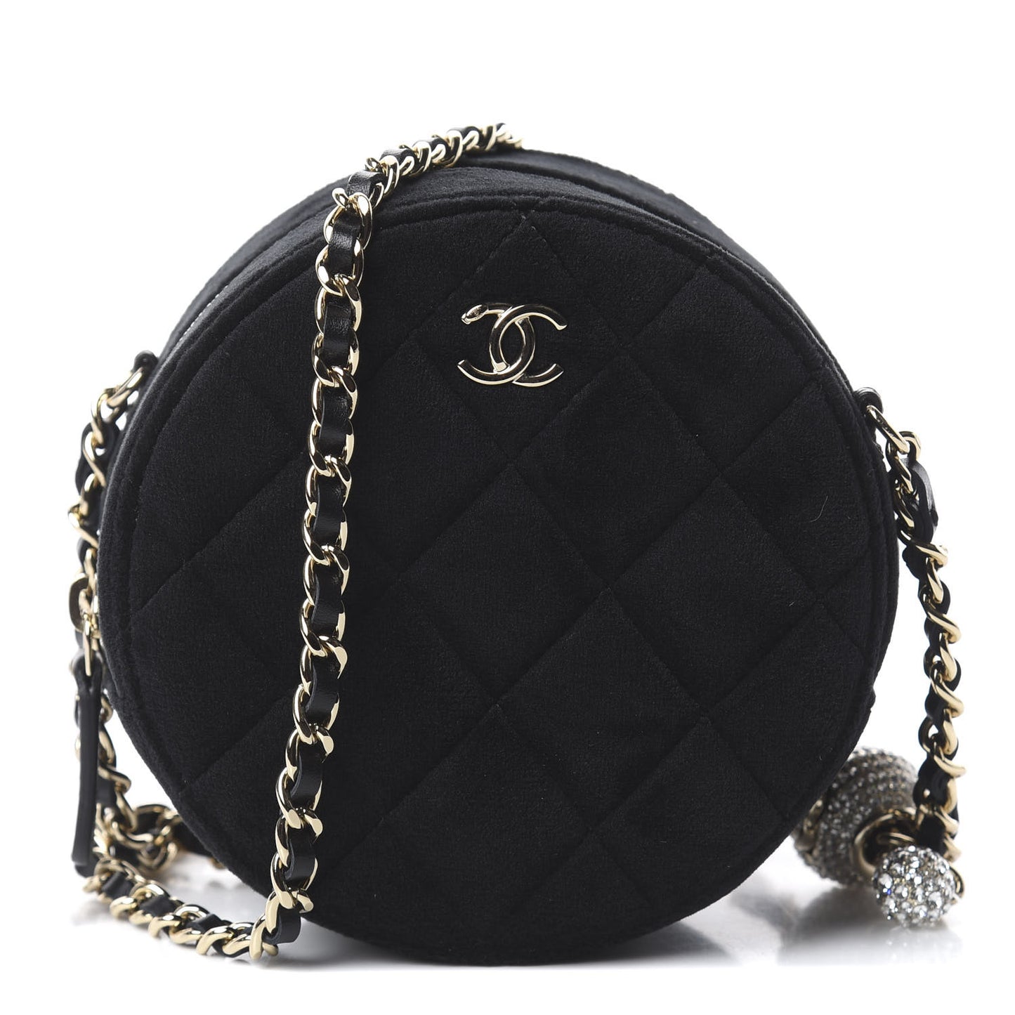 Velvet Round Quilted Pearl Crush Clutch With Chain Black