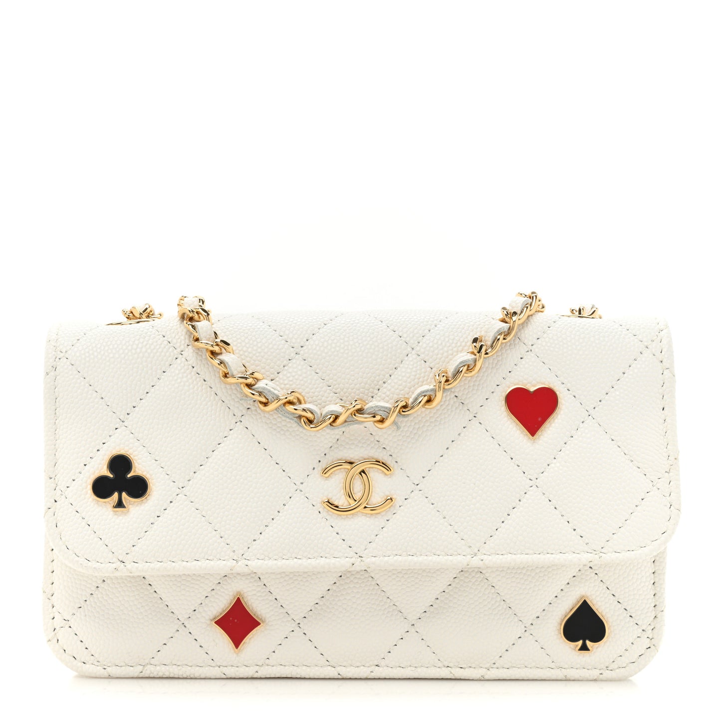 Caviar Quilted Enamel Coco Casino Flap Phone Holder With Chain White