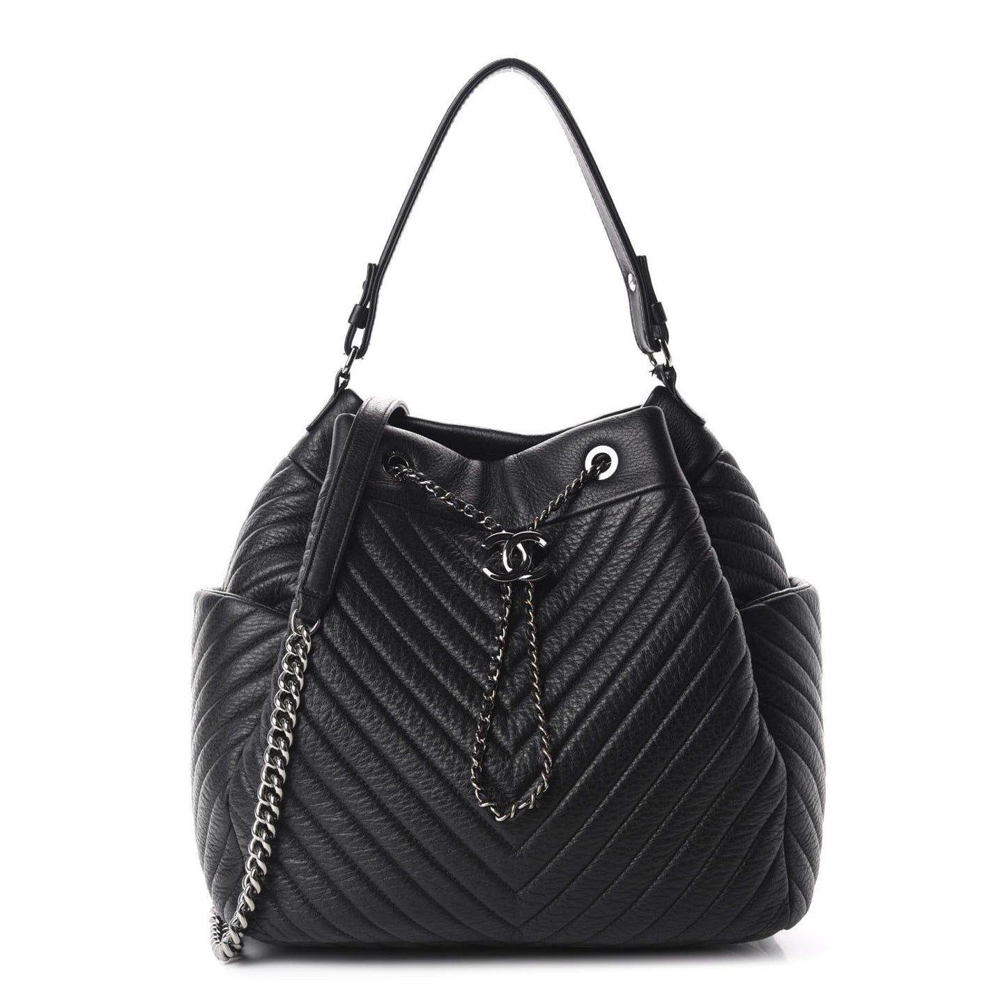 Deerskin Chevron Large CC Chain Bucket Drawstring Bag Black