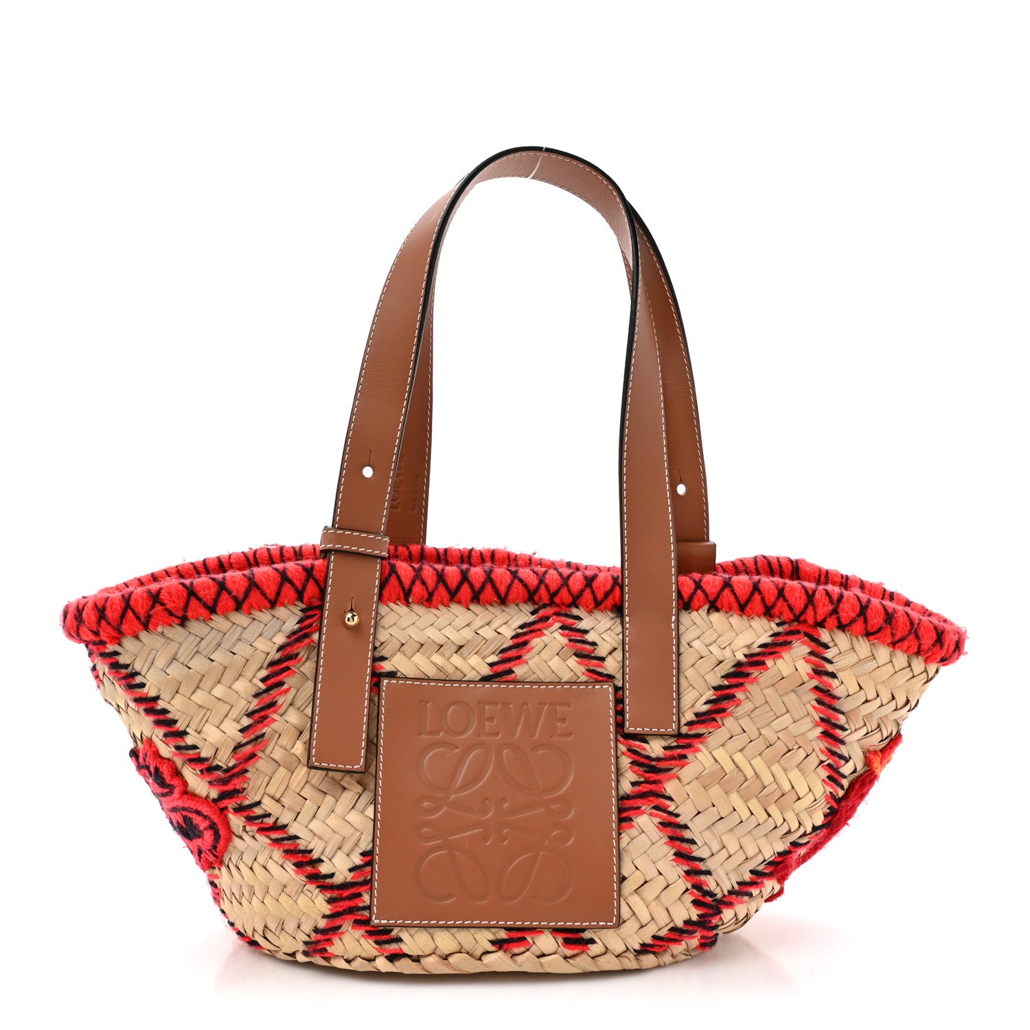 Loewe Embroidered Raffia Basket Tote Bag Natural Tan Red 1784310