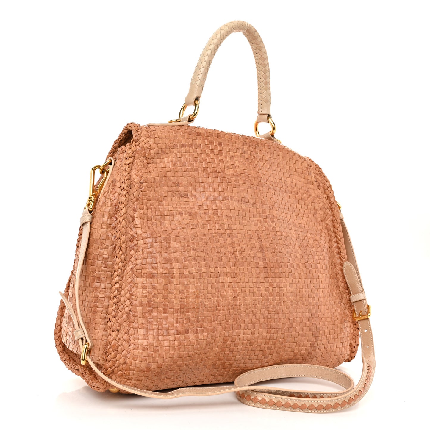 Madras Woven Top Handle Satchel Beige