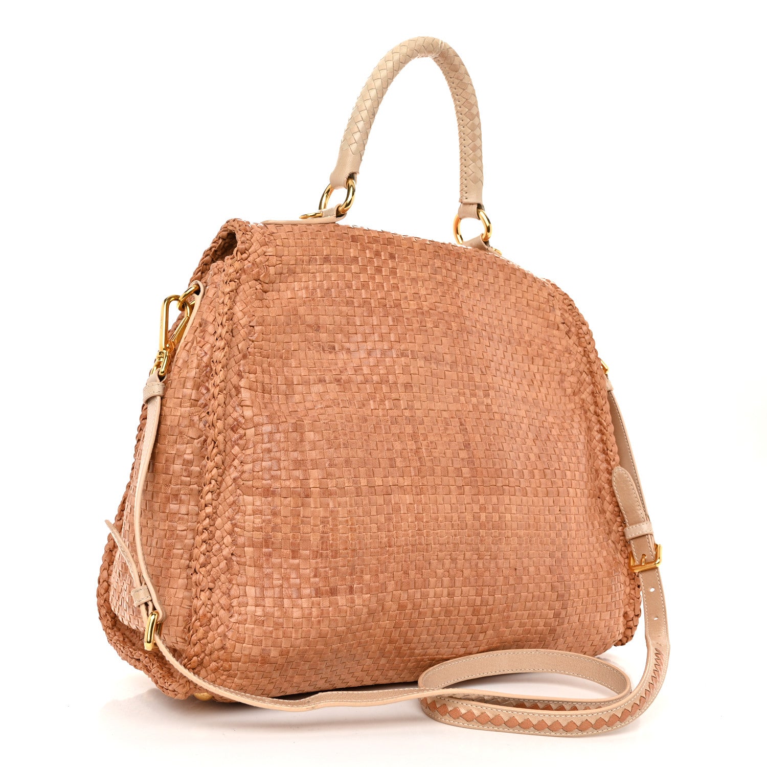 Prada Madras Woven Top Handle Satchel Beige 3 of 17