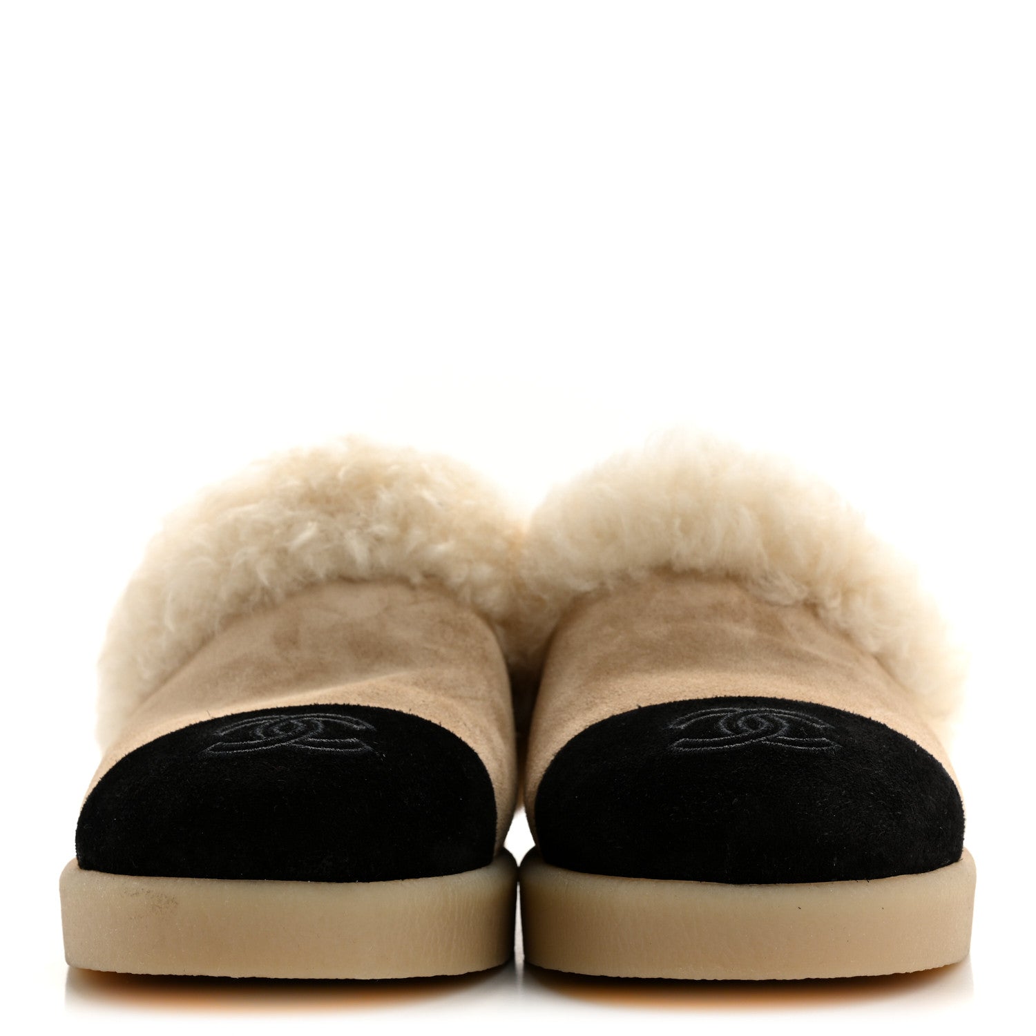 Chanel Suede Shearling CC Cap Toe Mules 38.5 Beige Black 3 of 9