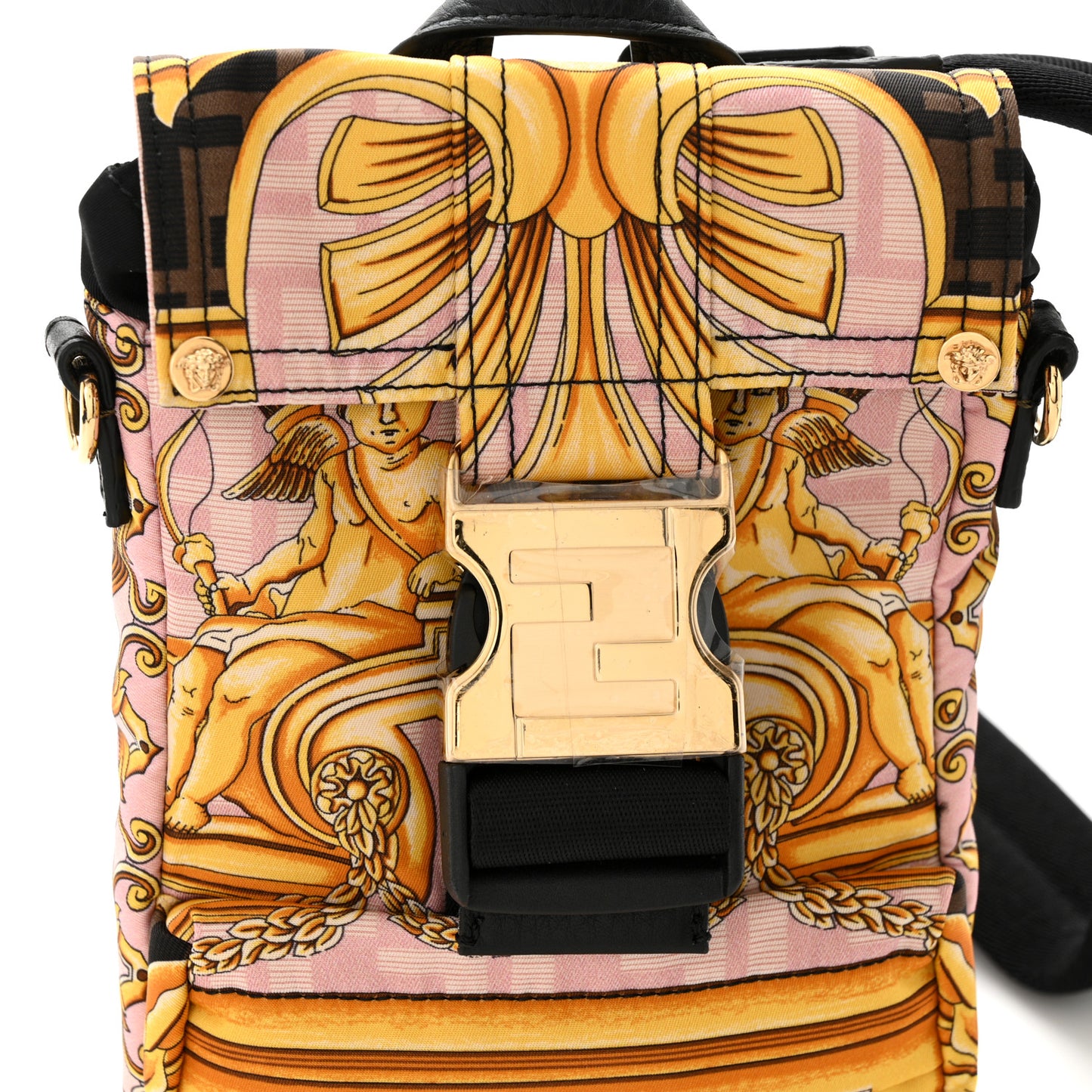 X VERSACE Silk Vitello Fendace FF Baroque Mini Fendiness Backpack Tobacco Pink Gold