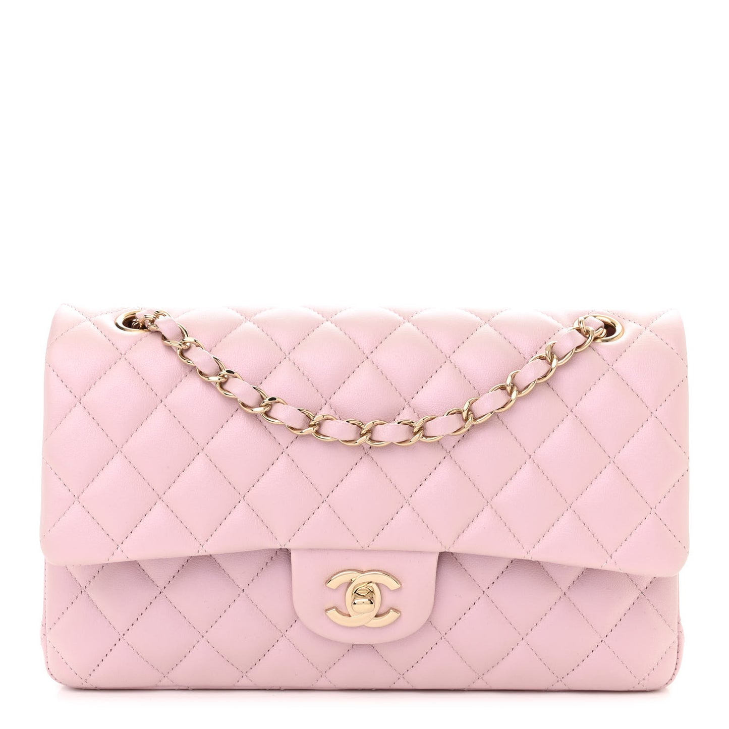 Iridescent Calfskin Quilted Medium Double Flap Pink