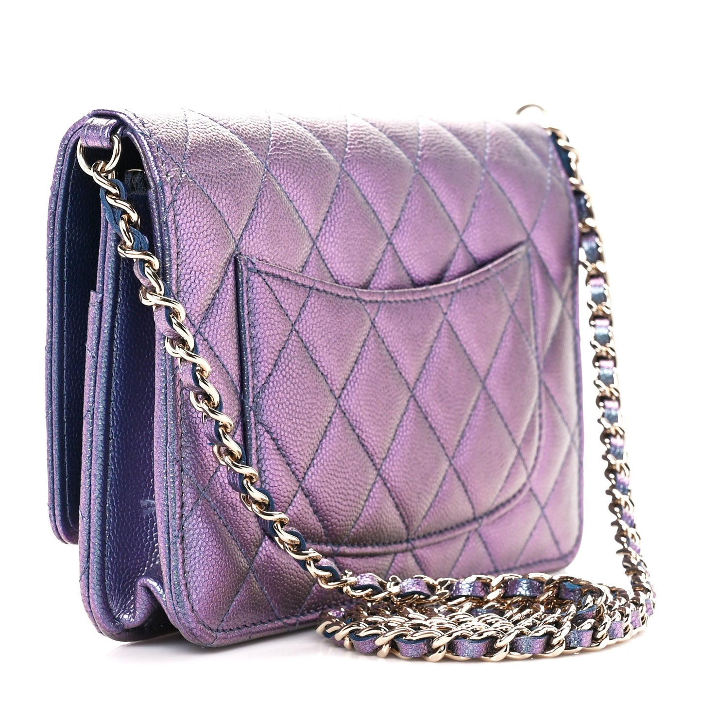 Iridescent Caviar Quilted Wallet on Chain WOC Dark Blue