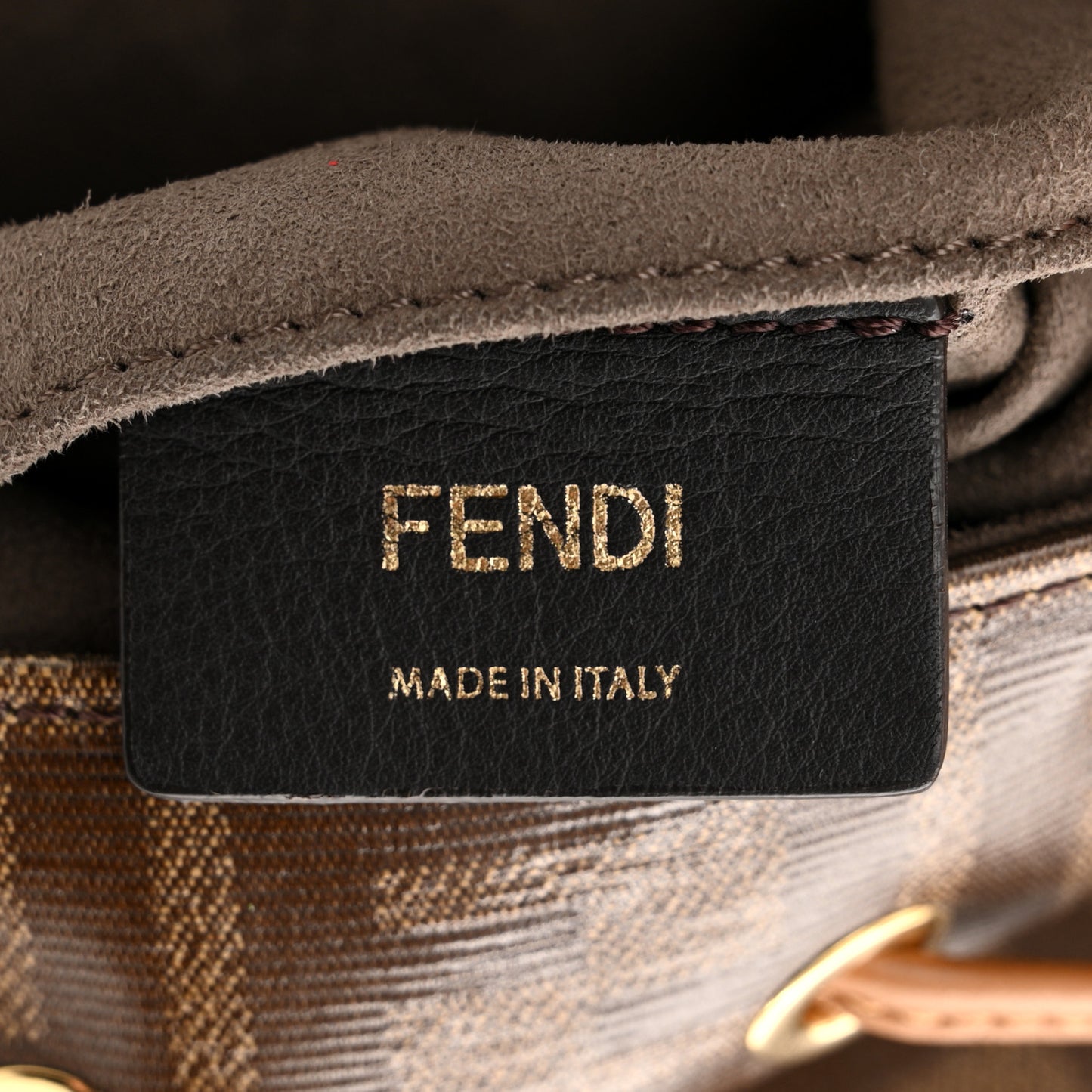 Glazed Fabric Vitello Grace F is Fendi FF 1974 Stamp Patch Grande Mon Tresor Bucket Bag Mogano Panna Nocciola