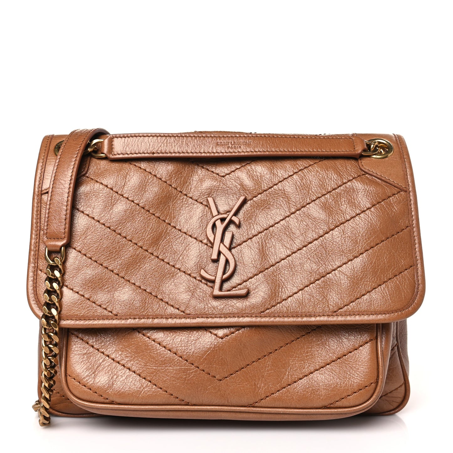 Crinkled Calfskin Matelasse Monogram Medium Niki Chain Satchel Caramel