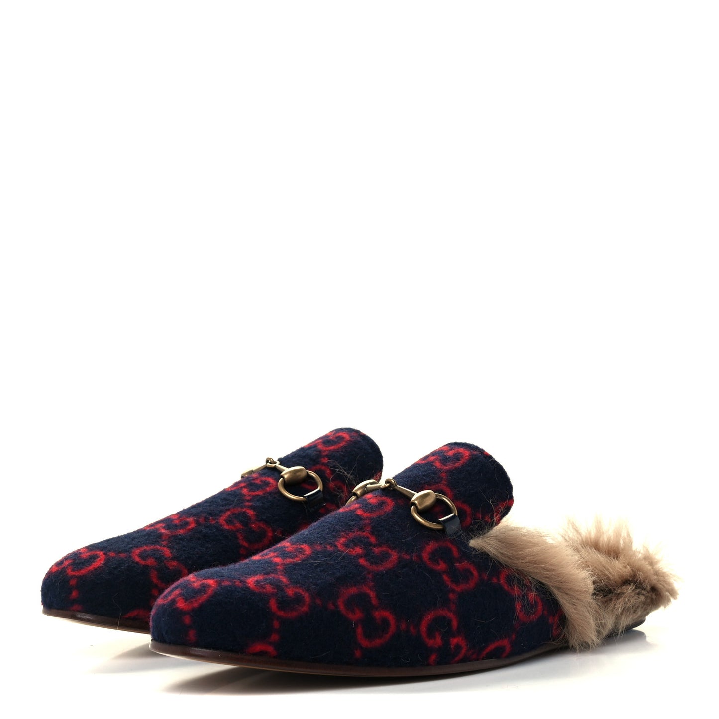 Velvet GG Monogram Fur Mens Princetown Slippers 7 Navy Red