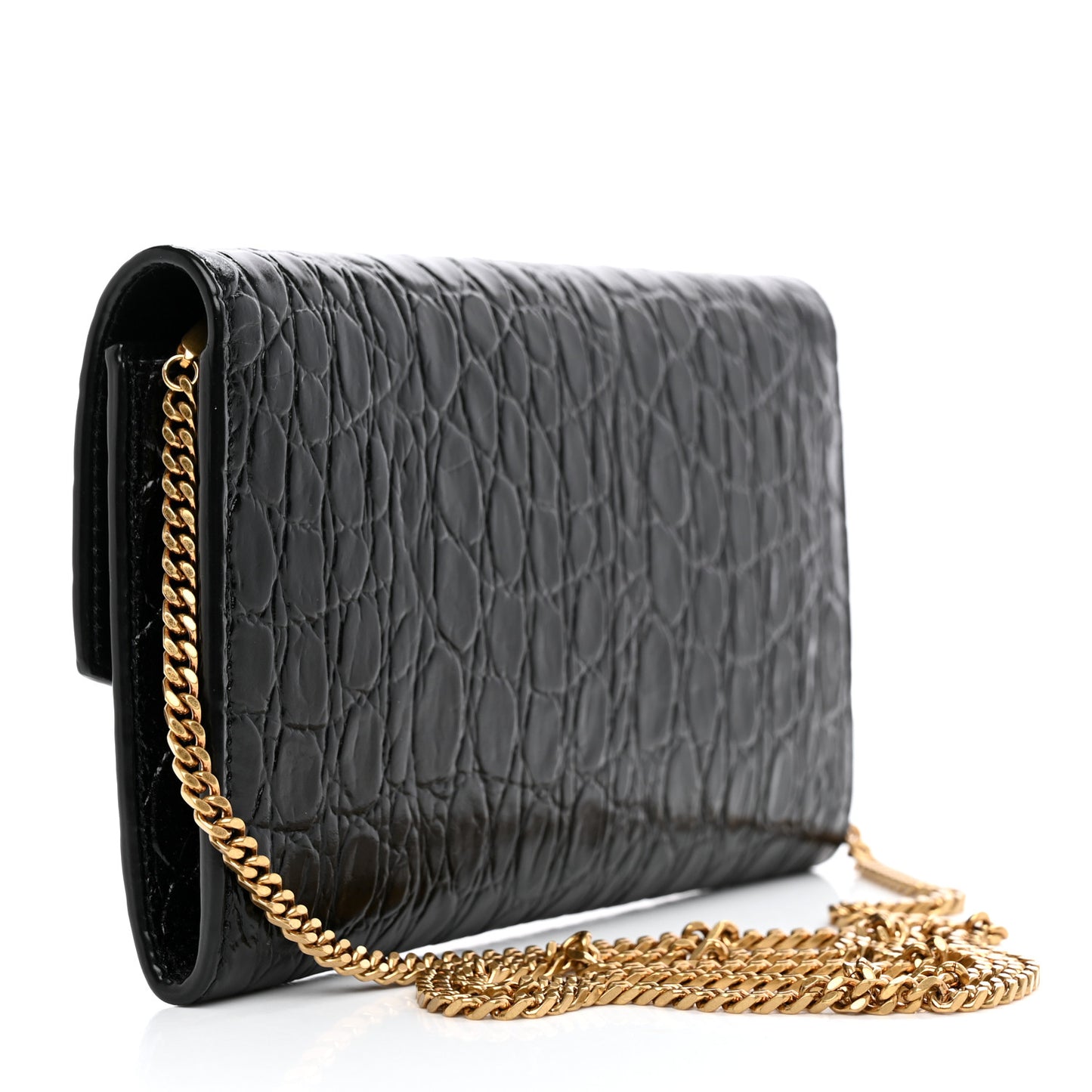 Calfskin Crocodile Embossed Monogram Uptown Chain Wallet Black