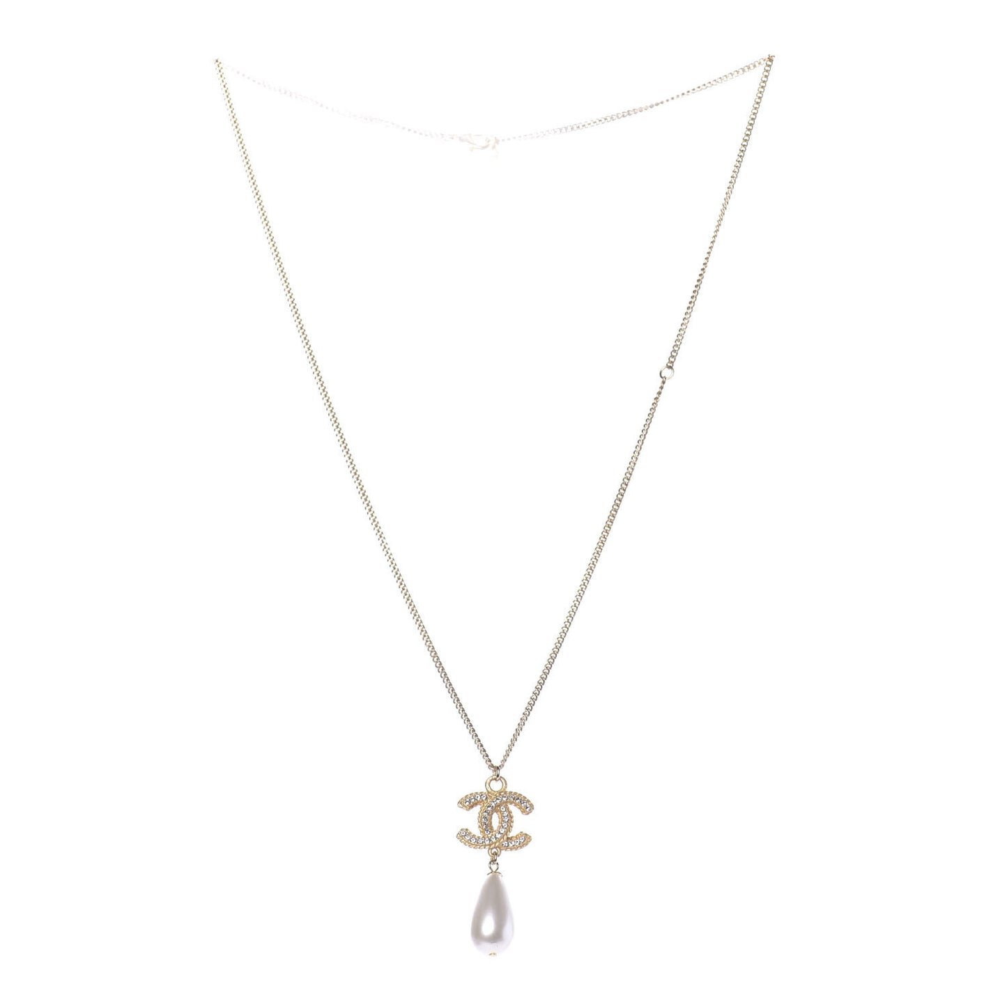 Pearl Crystal CC Drop Necklace Gold