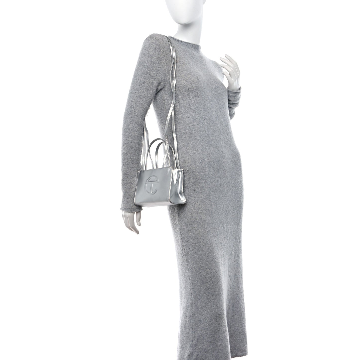 Metallic Vegan Leather Small Shopping Bag Silver