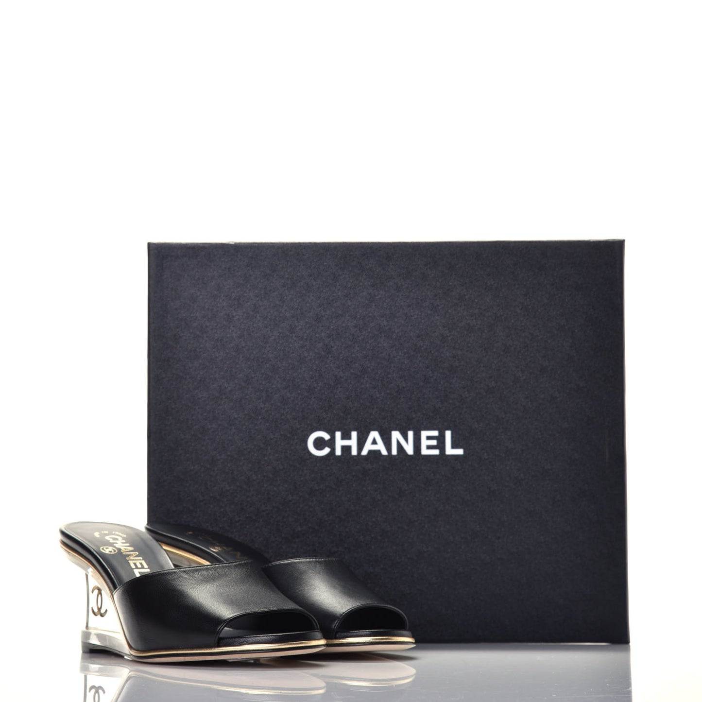 Lambskin Lucite CC Wedge Mules 36 Black