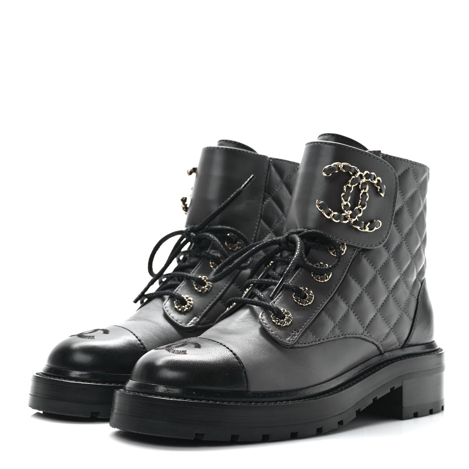 Chanel Shiny Lambskin Quilted Lace Up Combat Boots 36 Grey Black 3 of 11
