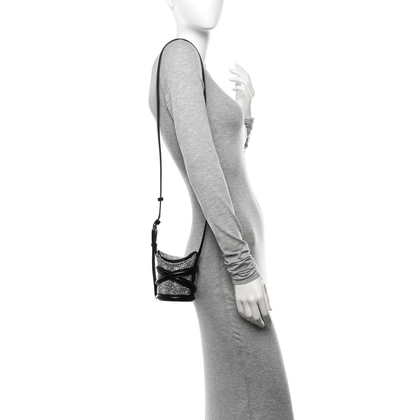 Metallic Calfskin Crystal Micro Curve Bucket Bag Black