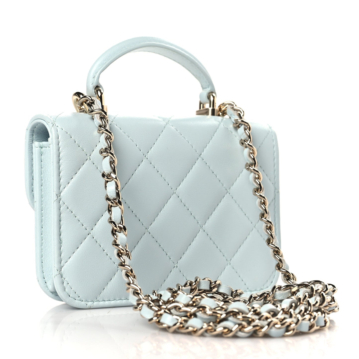 Lambskin Quilted Top Handle Flap Coin Purse With Chain Light Blue