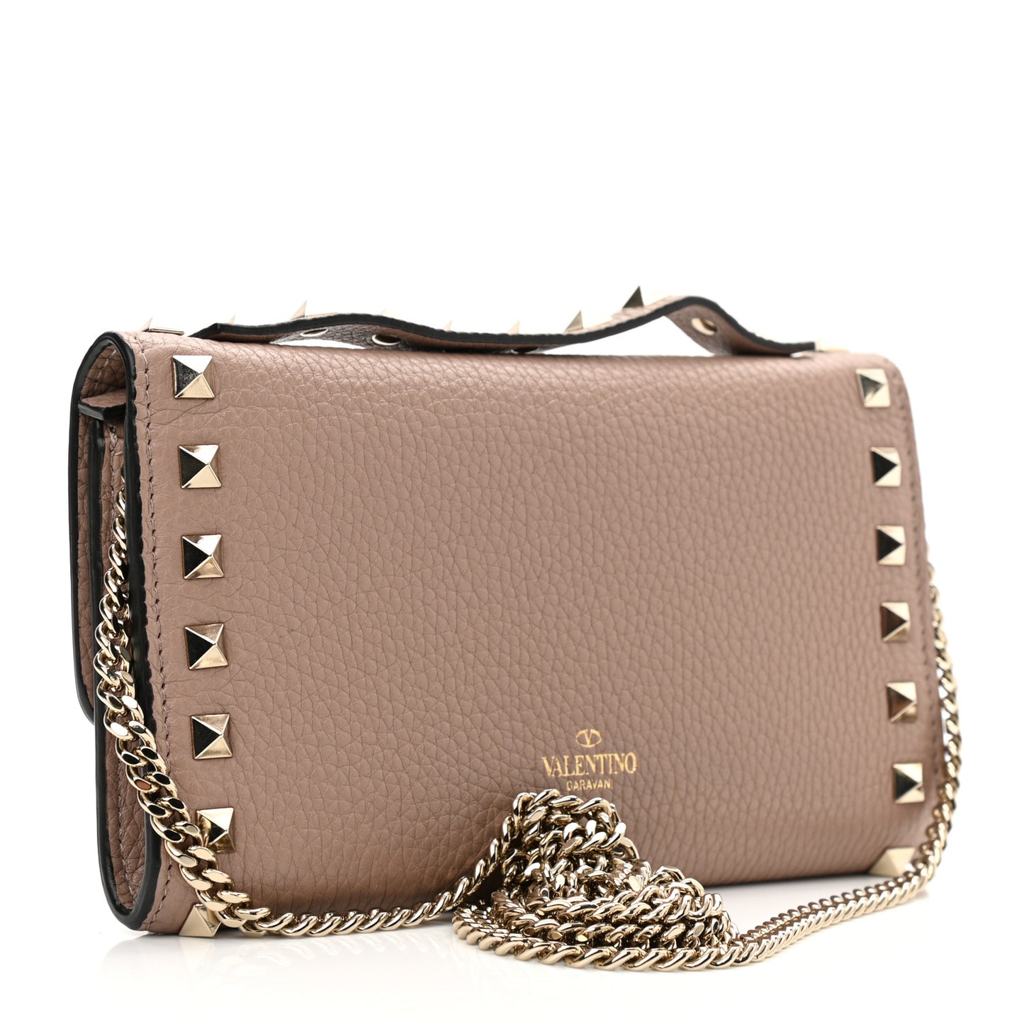 Pebbled Calfskin Rockstud Flip Lock Wallet On Chain Poudre