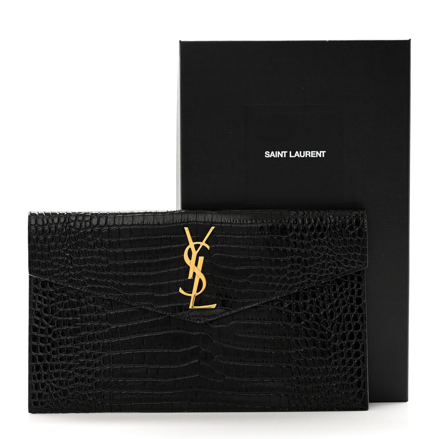 Calfskin Crocodile Embossed Uptown Monogram Clutch Black