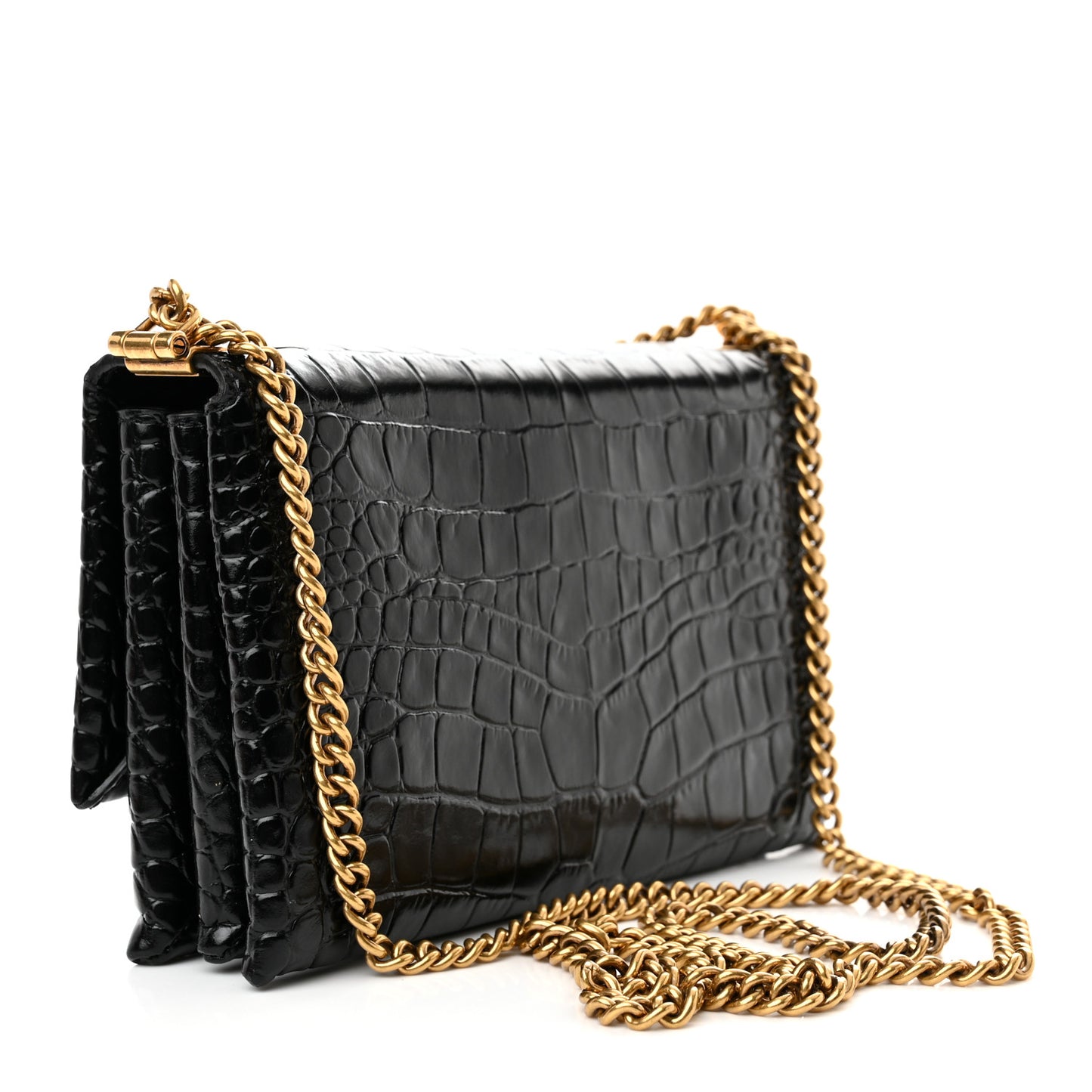 Shiny Extra Supple Calfskin Crocodile Embossed Small Triplet Bag Black