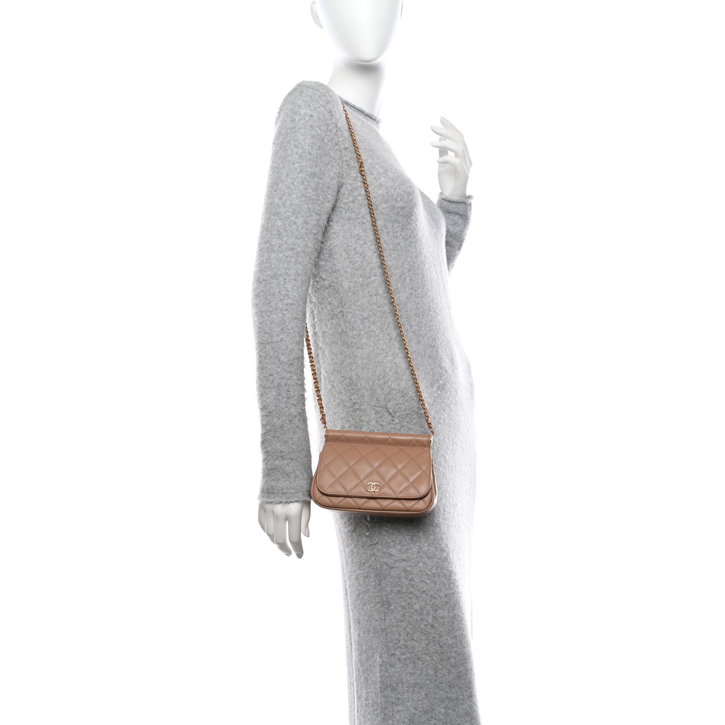 Caviar Quilted Flap Clutch With Chain Beige