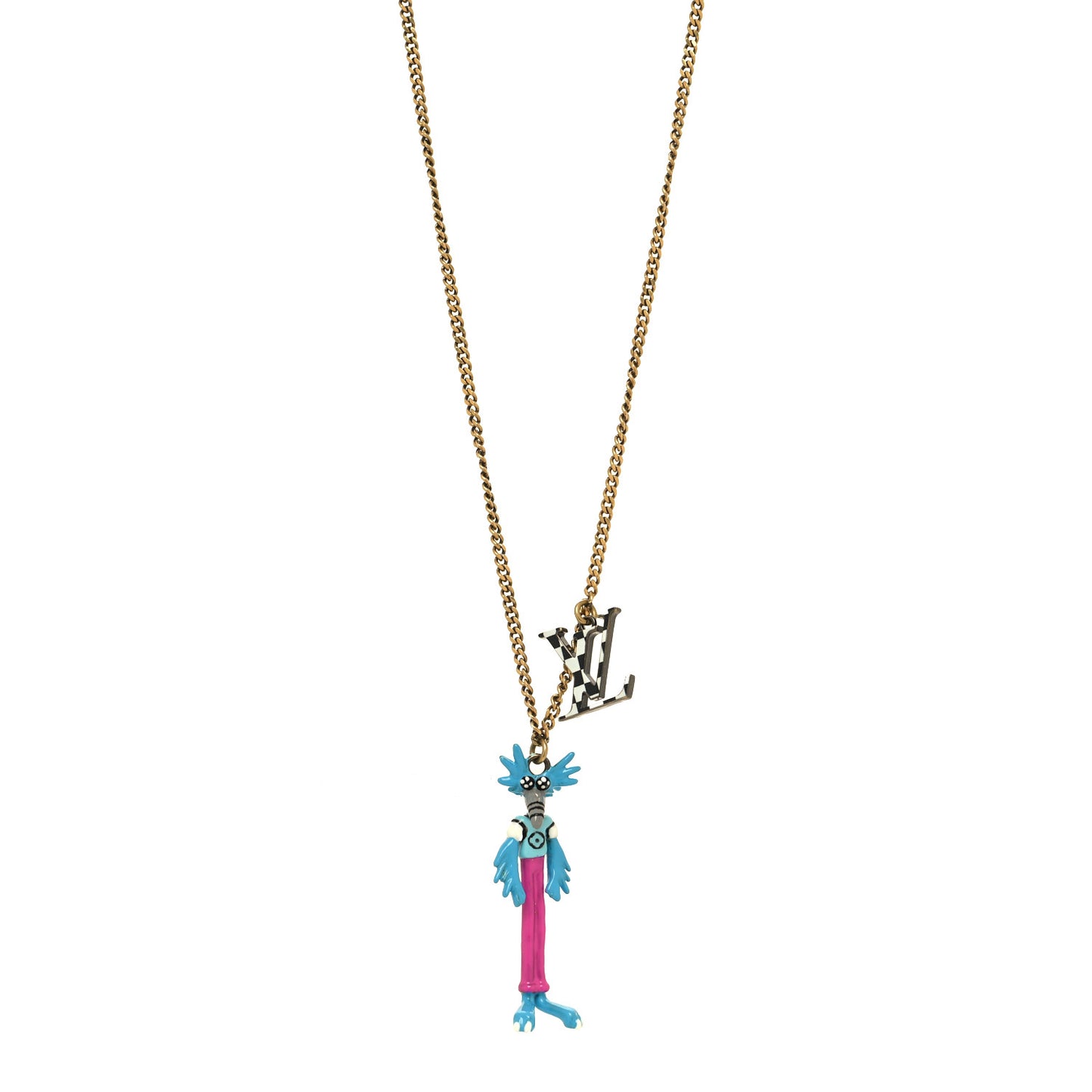 Lacquered Metal LV Friends Pendant Necklace Aged Gold Blue Pink
