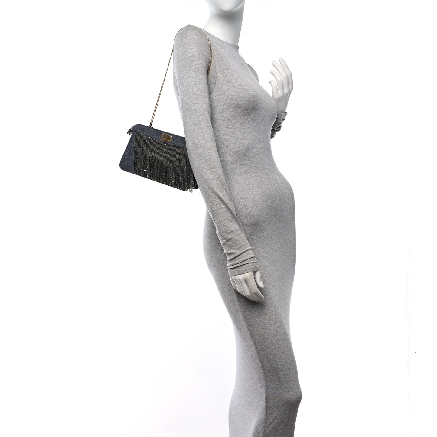 Flannel Bead Embroidered Small Peekaboo I SEE U East West Chain Satchel Grigio Bois de Rose