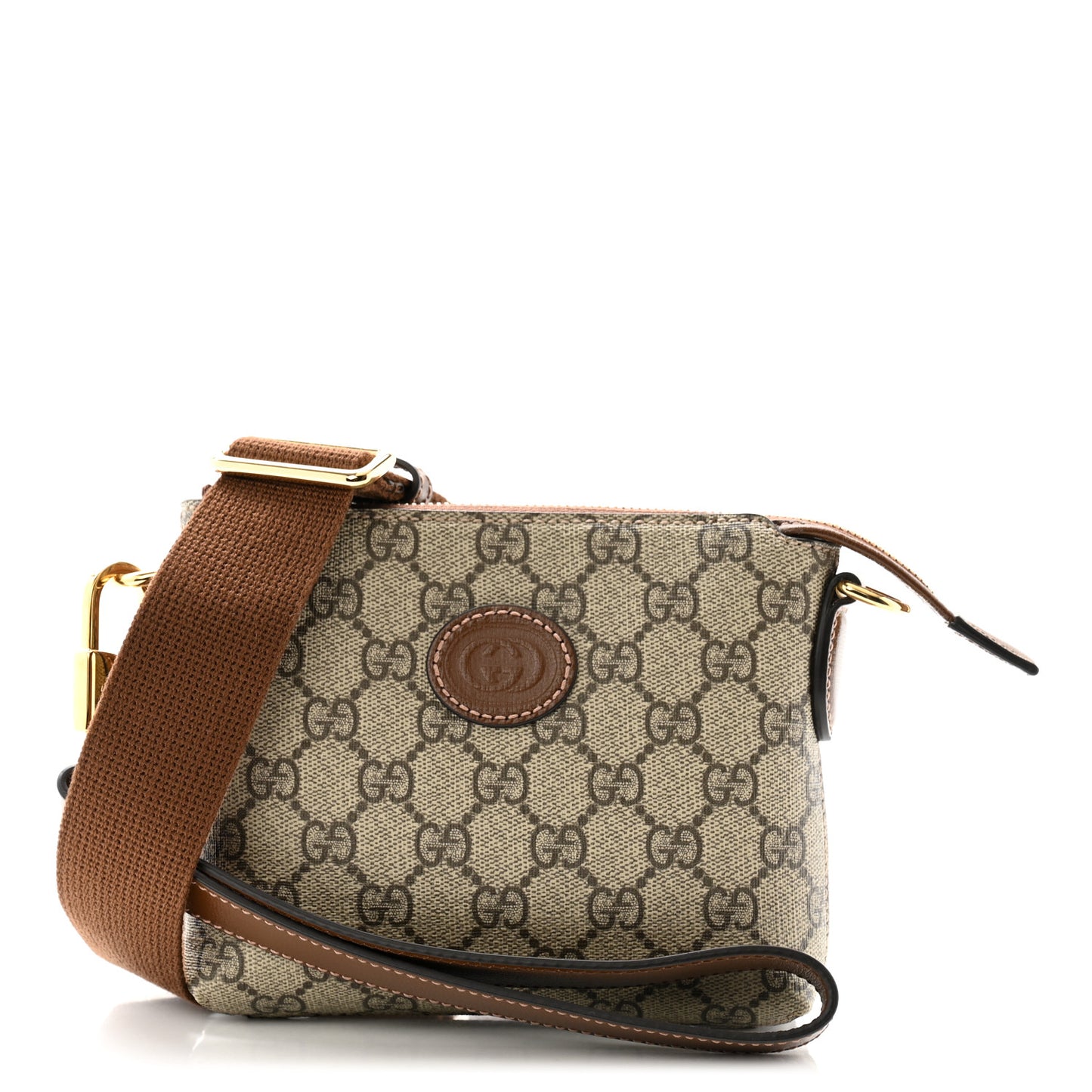 GG Supreme Monogram Azalea Calfskin Small Retro Interlocking G Wristlet Messenger Bag Beige Ebony Brown Sugar