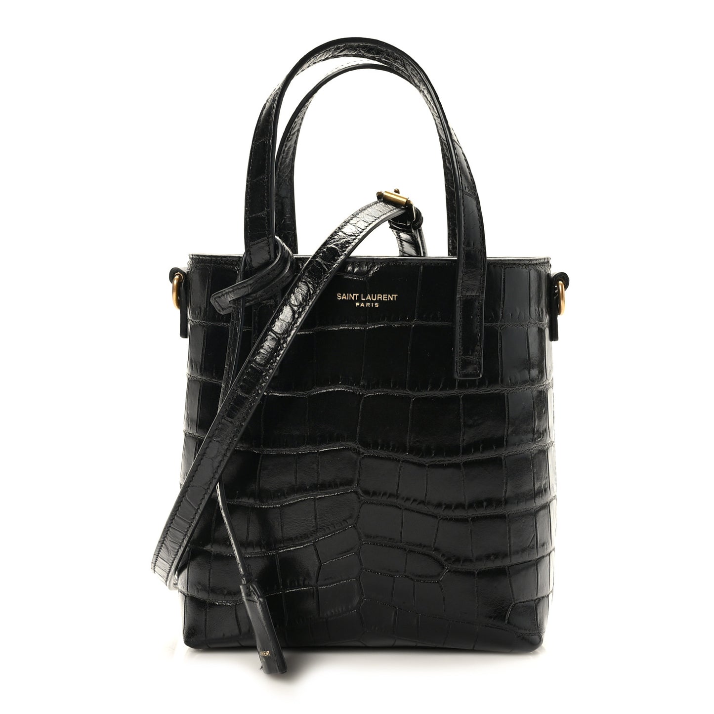 Calfskin Crocodile Embossed Paris Mini Toy Shopper Tote Black