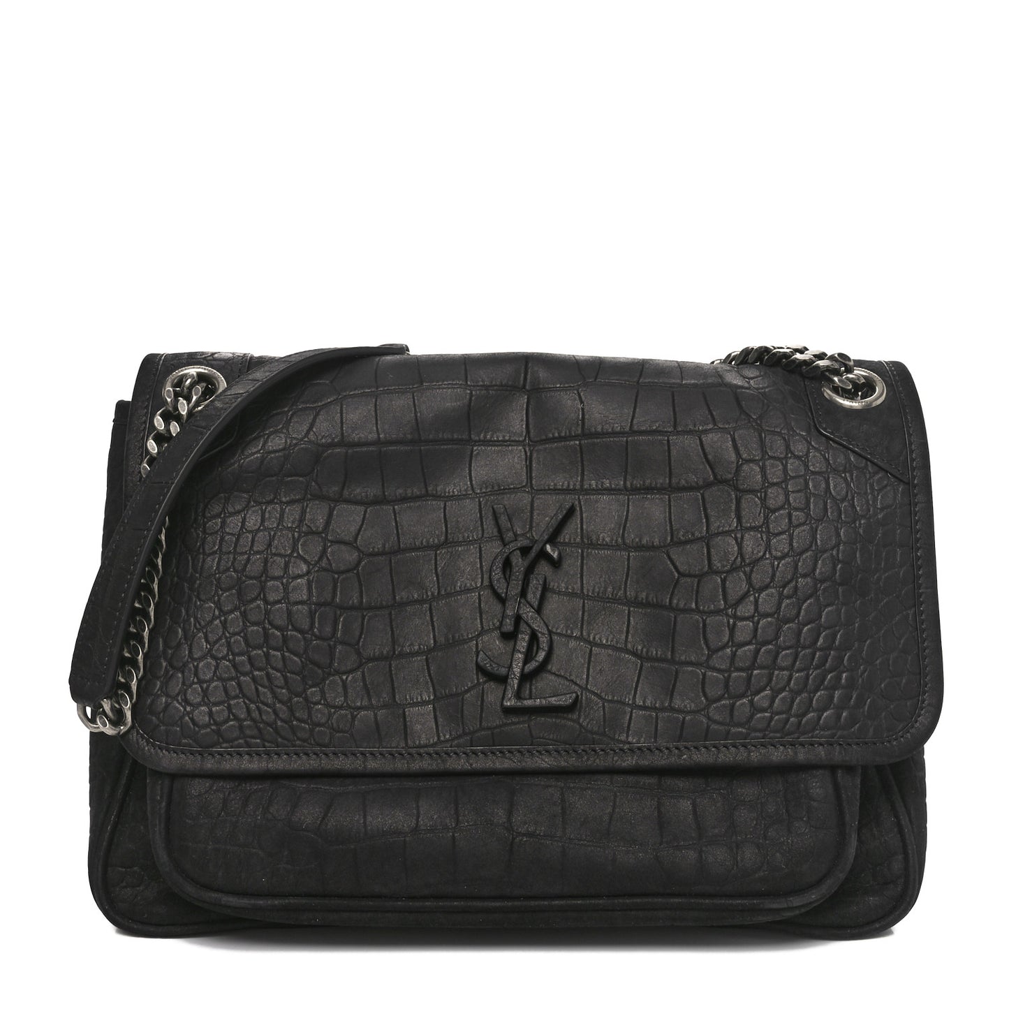 Nubuck Crocodile Embossed Monogram Medium Niki Chain Satchel Black