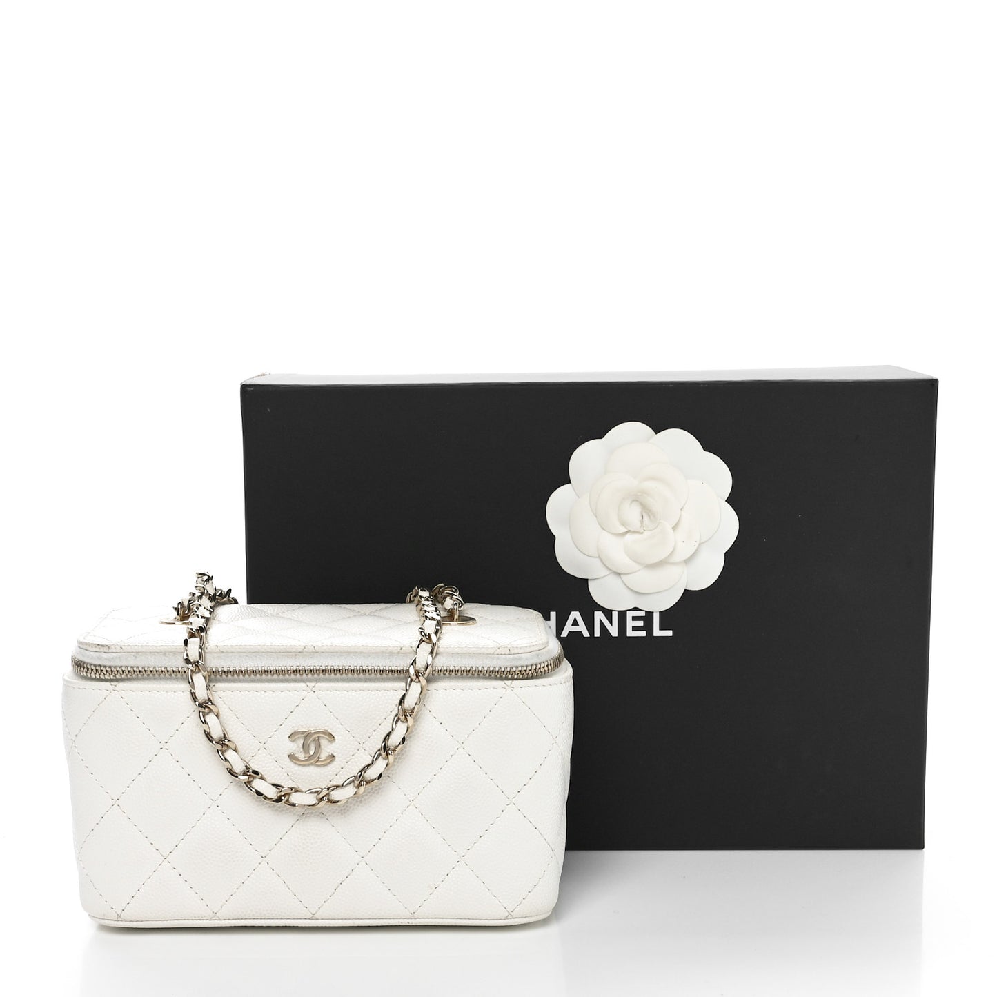 Caviar Quilted Small Vanity Case With Chain White