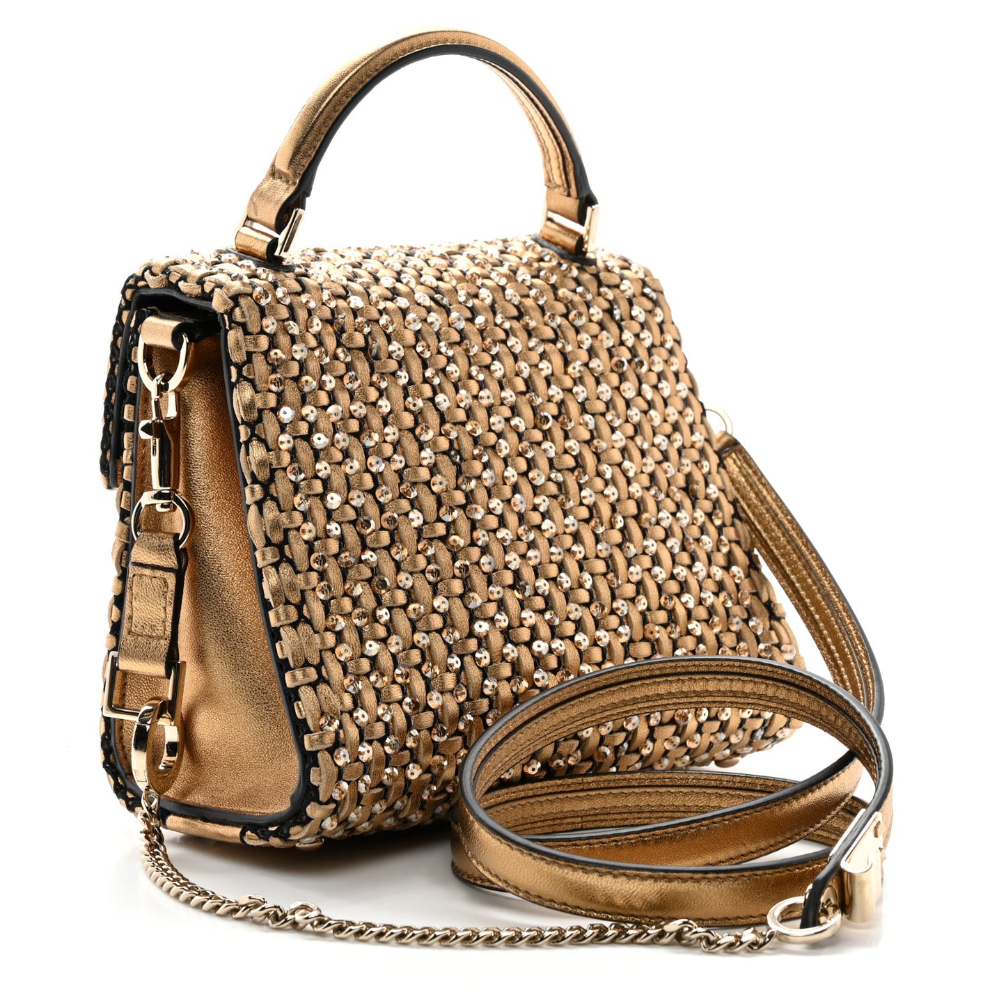 Metallic Calfskin Sequin Crystal Embroidered Mini Vsling Top Handle Bag Gold Multicolor