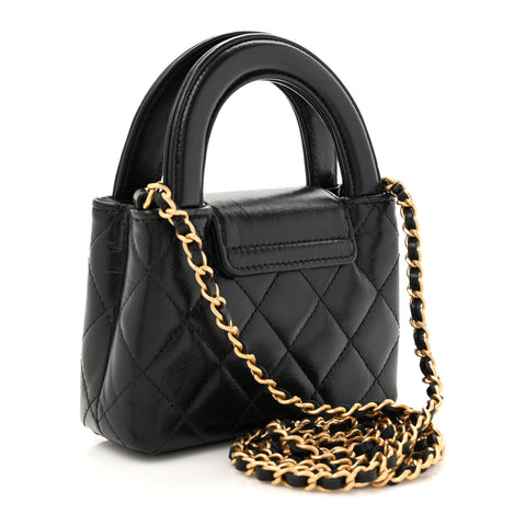 Shiny Aged Calfskin Quilted Mini Nano Kelly Shopper Black