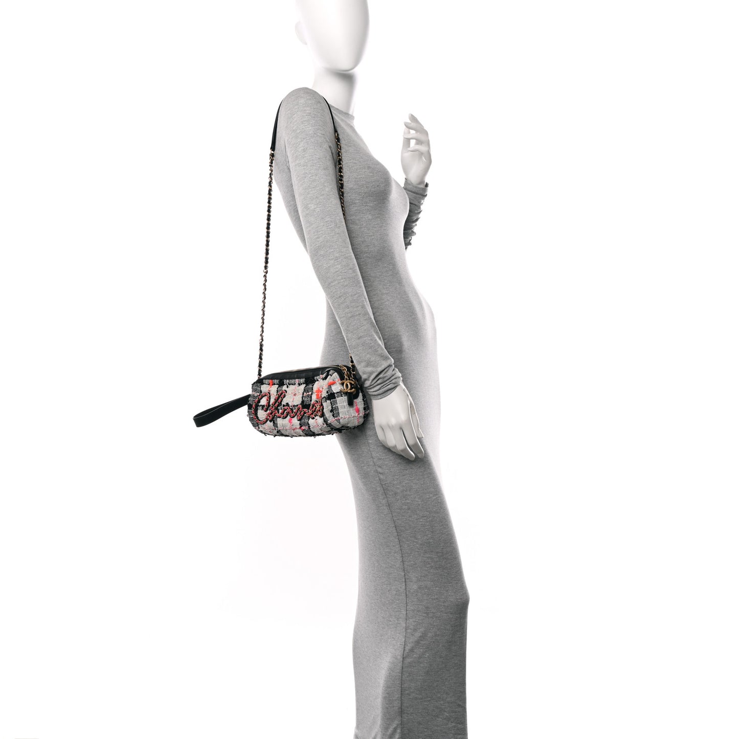 Tweed Calfskin Signe Bowling Bag White Black
