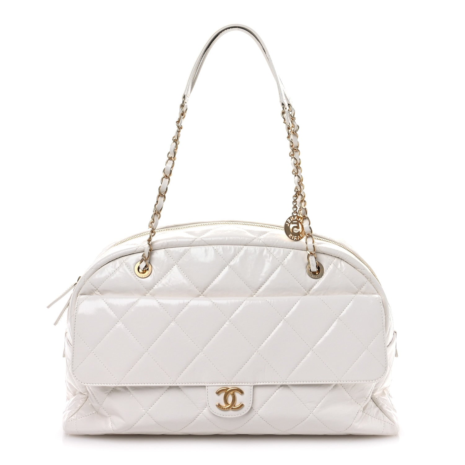 Chanel Shiny Crumpled Calfskin Quilted Large Bowling Bag White 1 of 13