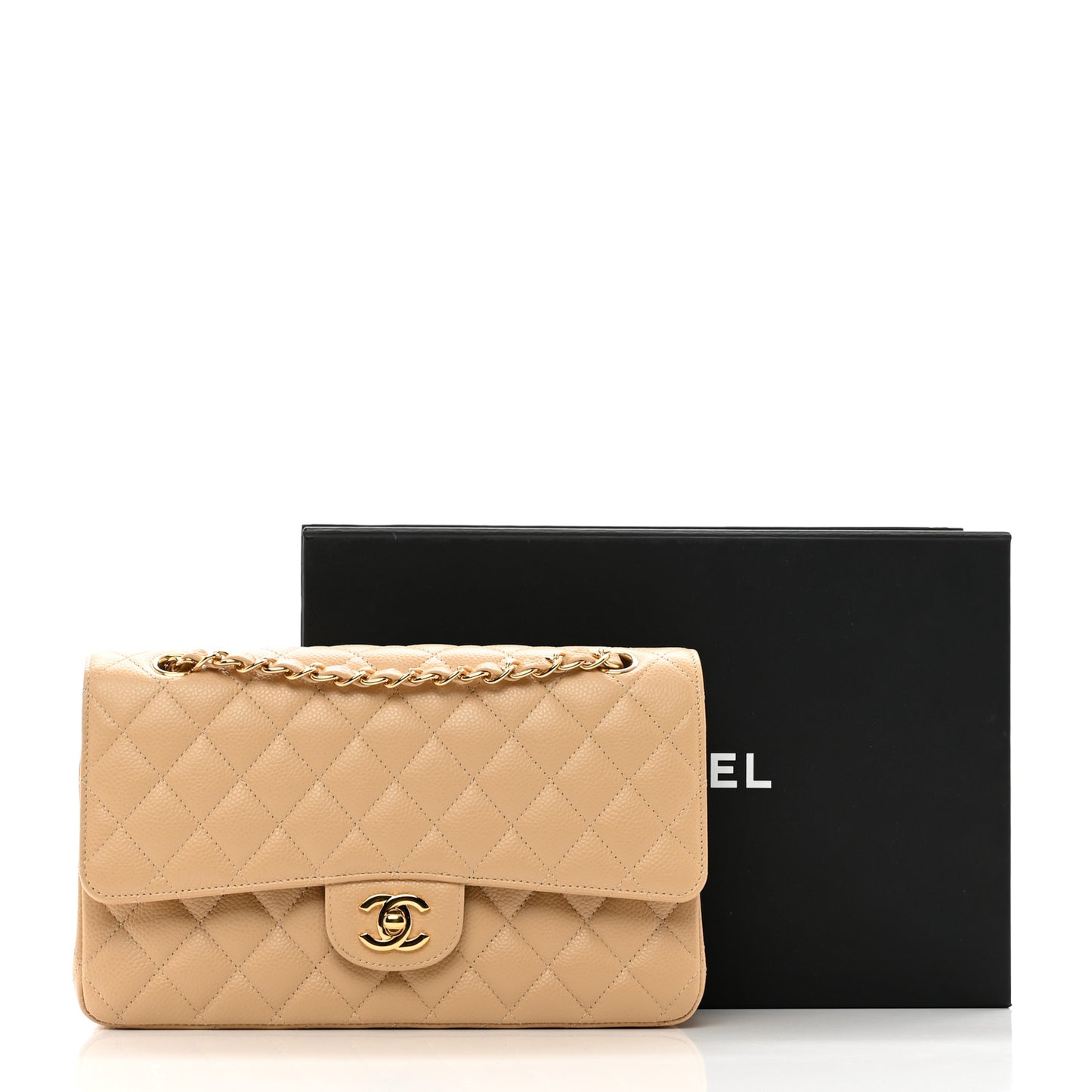 Caviar Quilted Medium Double Flap Beige