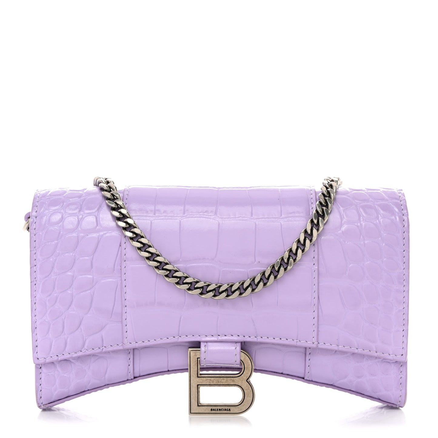 Shiny Calfskin Crocodile Embossed Hourglass Chain Bag Lilac