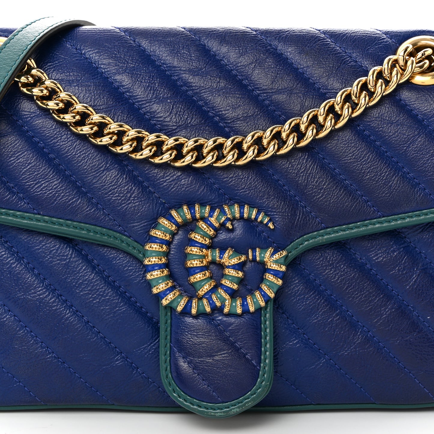 Azalea Calfskin Enamel Matelasse Diagonal Torchon GG Marmont Shoulder Bag Imperial Blue Pavone