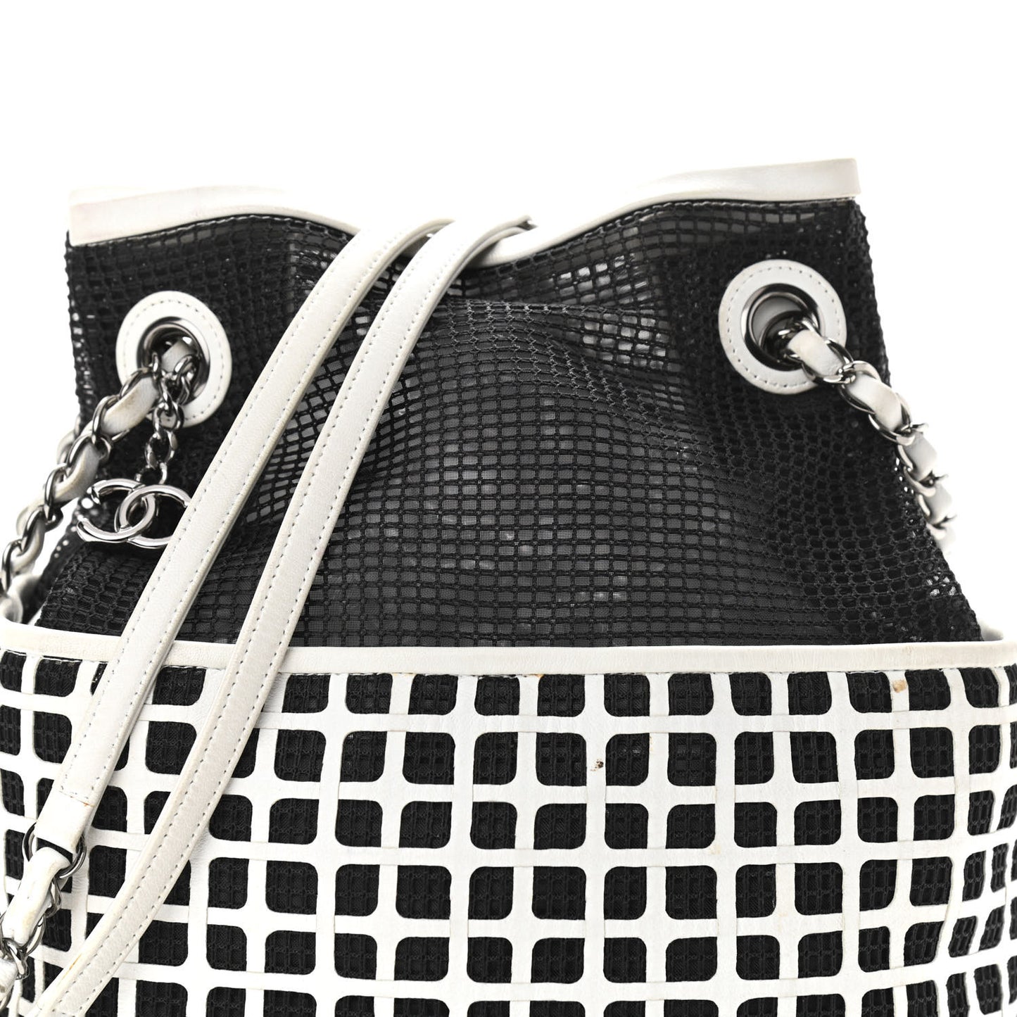 Calfskin Mesh Chain Bucket Bag Black White