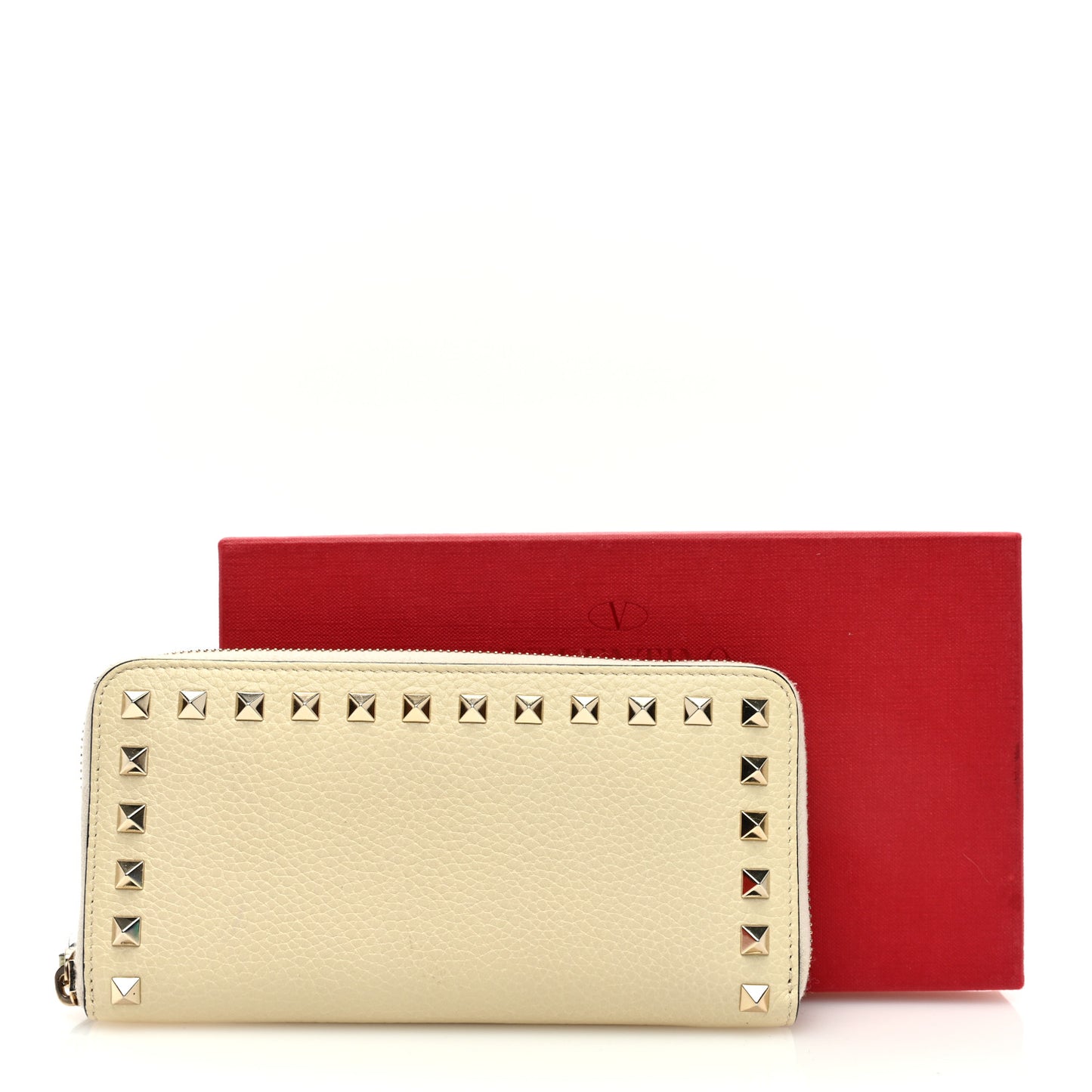Pebbled Calfskin Rockstud Zip Around Wallet Ivory