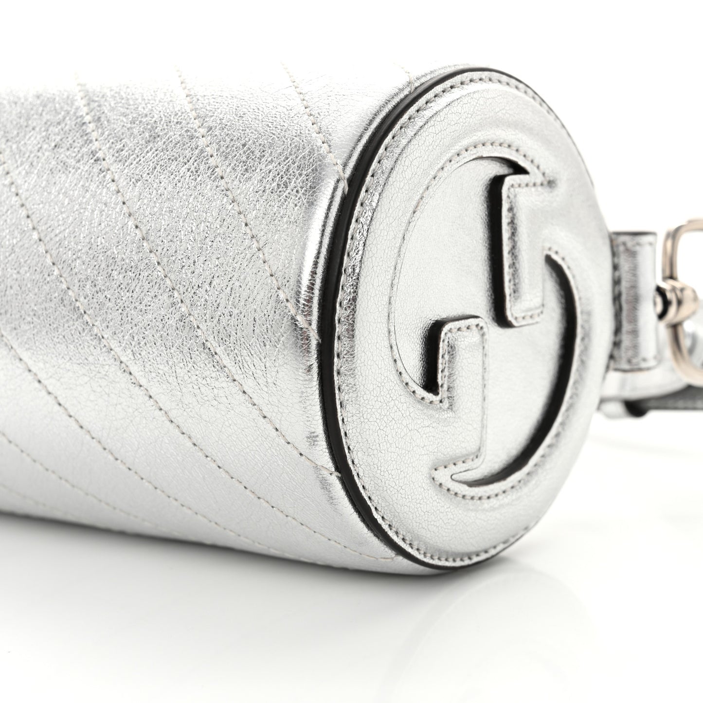 Sakai Be Green Calfskin Diagonal Stitched Mini Blondie Barrel Shoulder Bag Silver