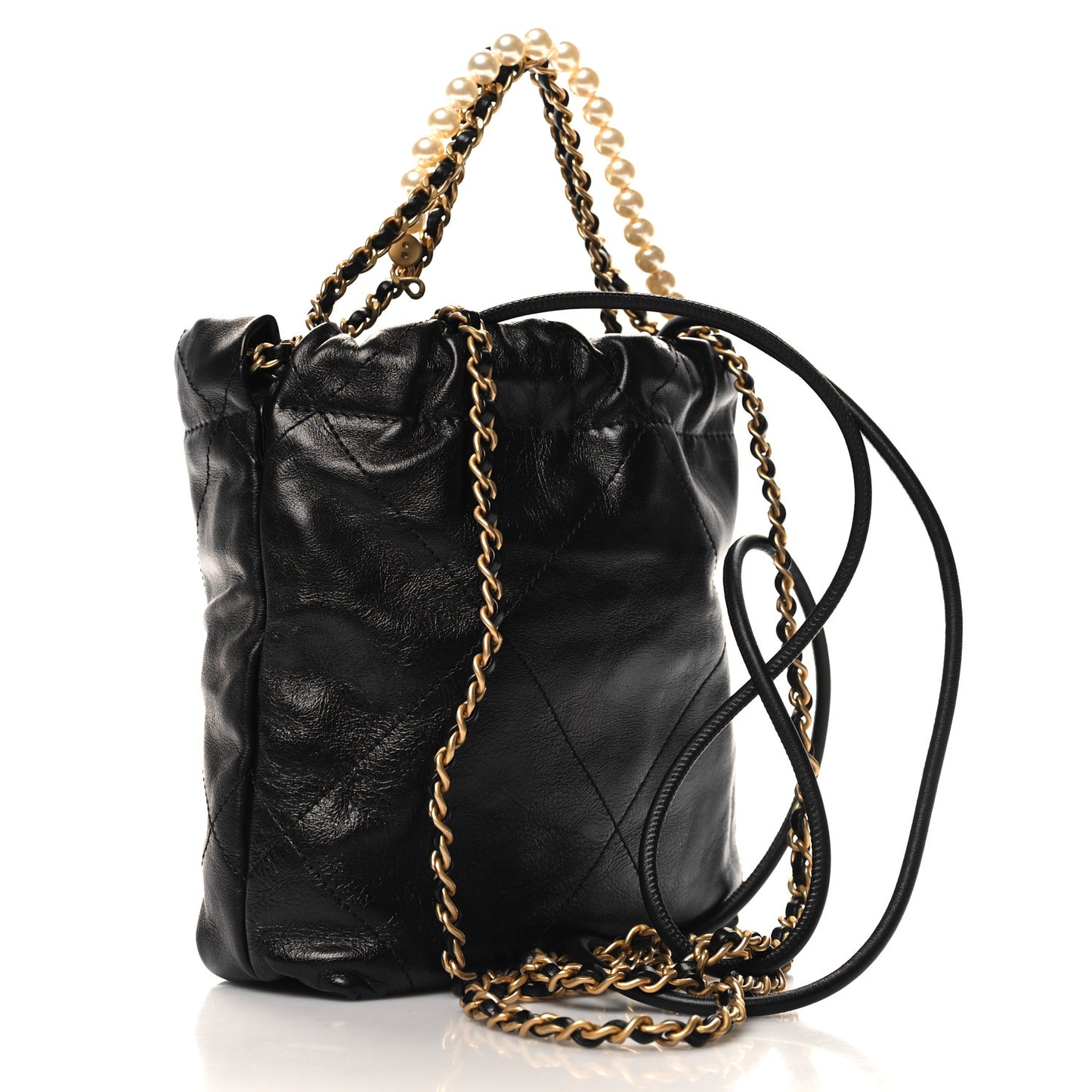 Shiny Crumpled Calfskin Quilted Pearl Mini Chanel 22 Black
