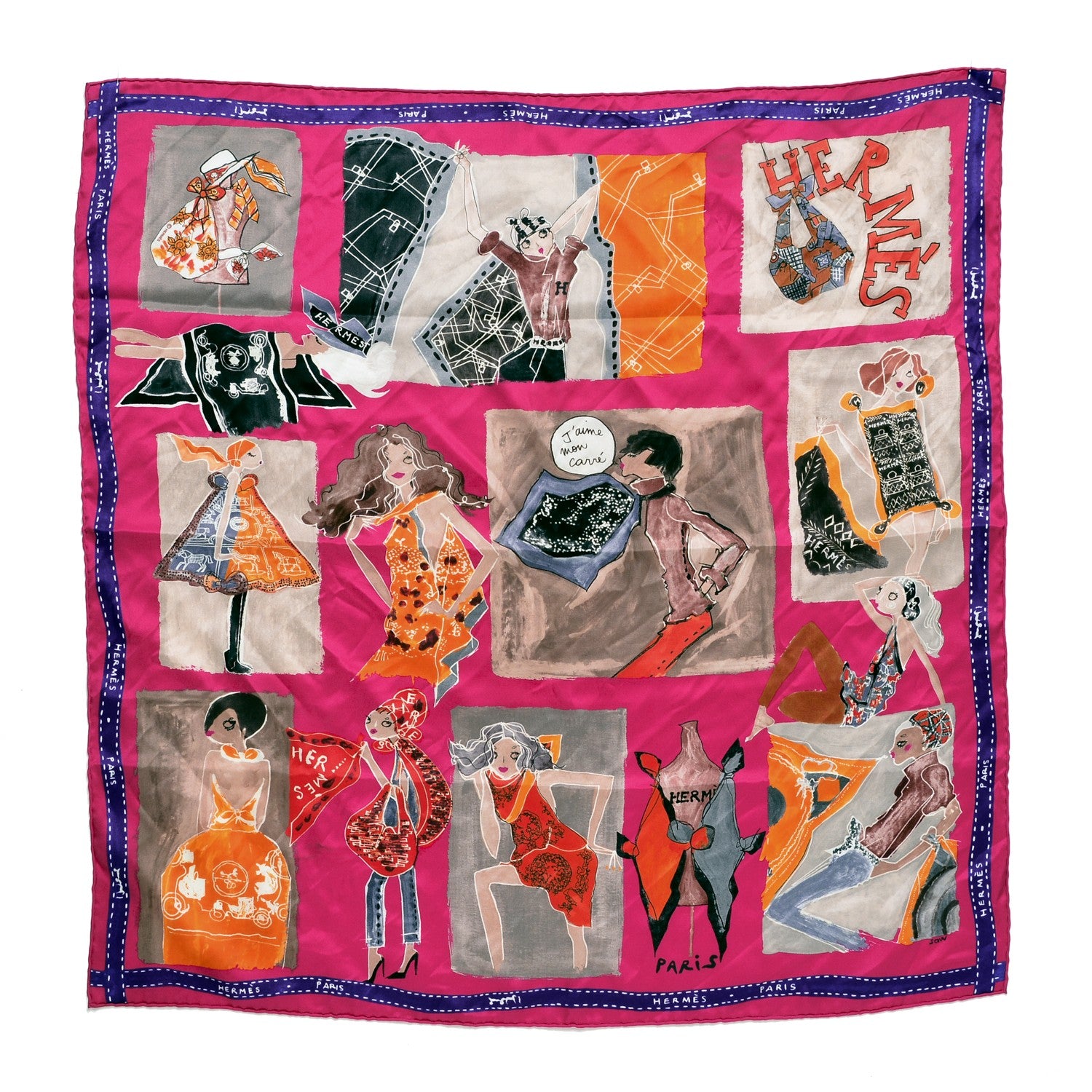 Hermes Silk J'aime Mon Carre Scarf 70 Rose Indien Marron Glace