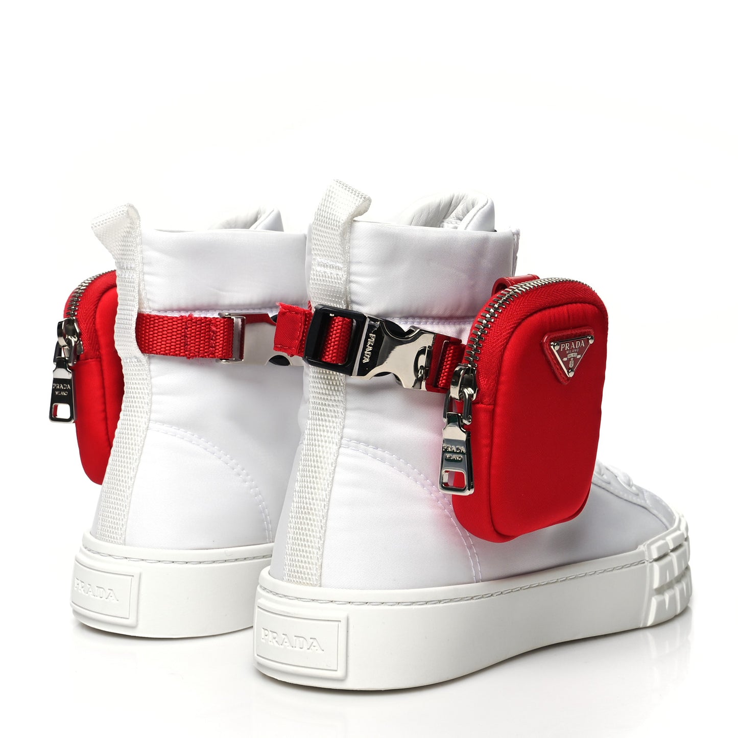 Re-Nylon Gabardine Metal Triangle Logo Wheel Pouch Pocket High Top Sneakers 37 White Red