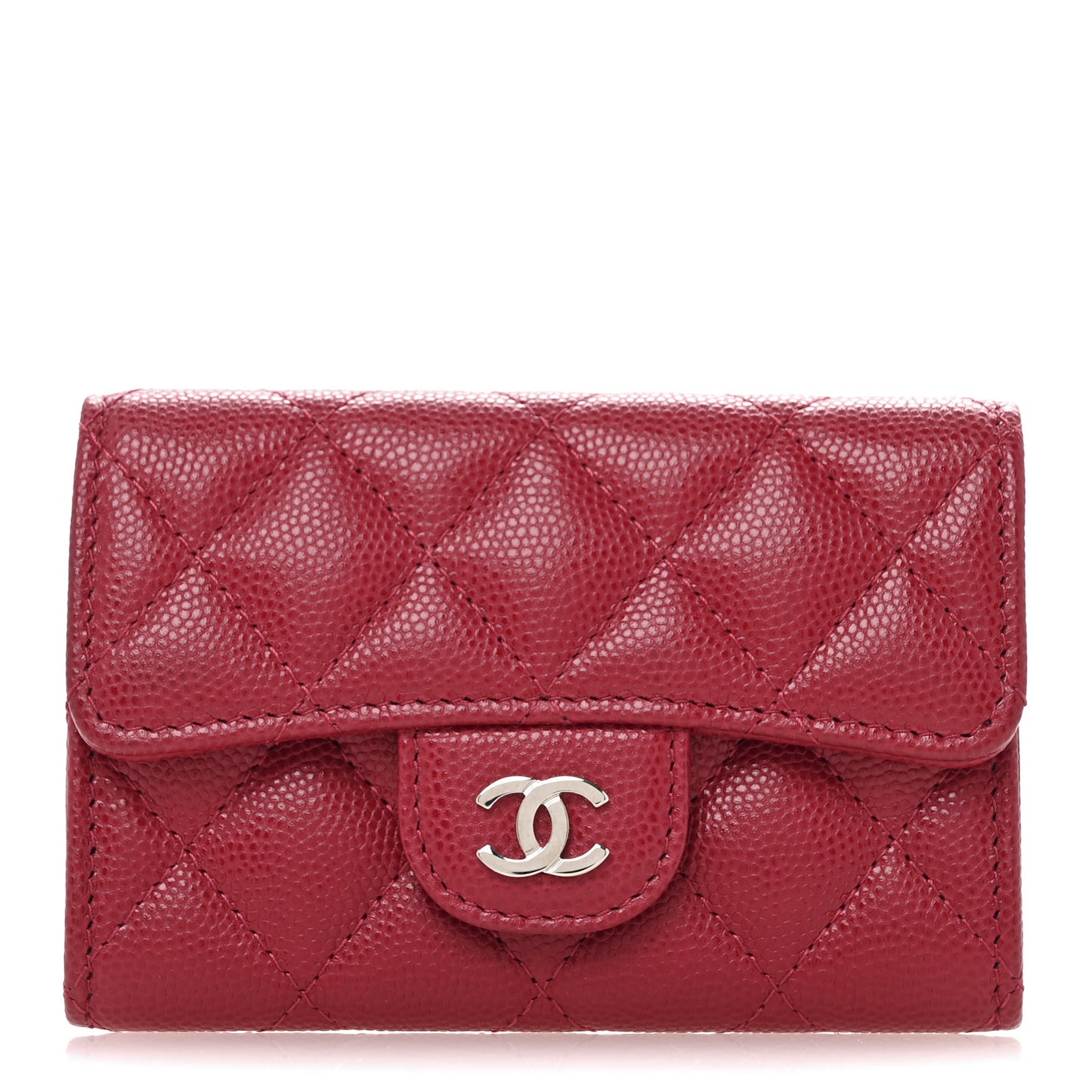 Caviar Quilted Flap Card Holder Wallet Dark Pink