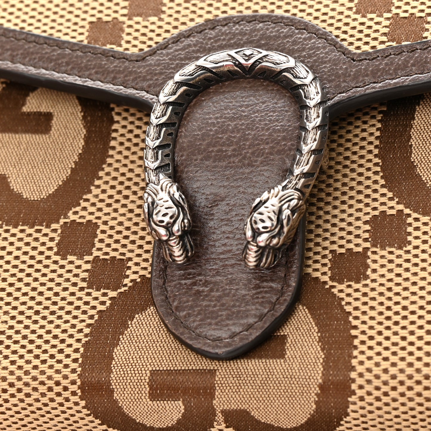 Monogram Jumbo GG Textured Dollar Calfskin Mini Dionysus Chain Wallet Camel Ebony New Acero