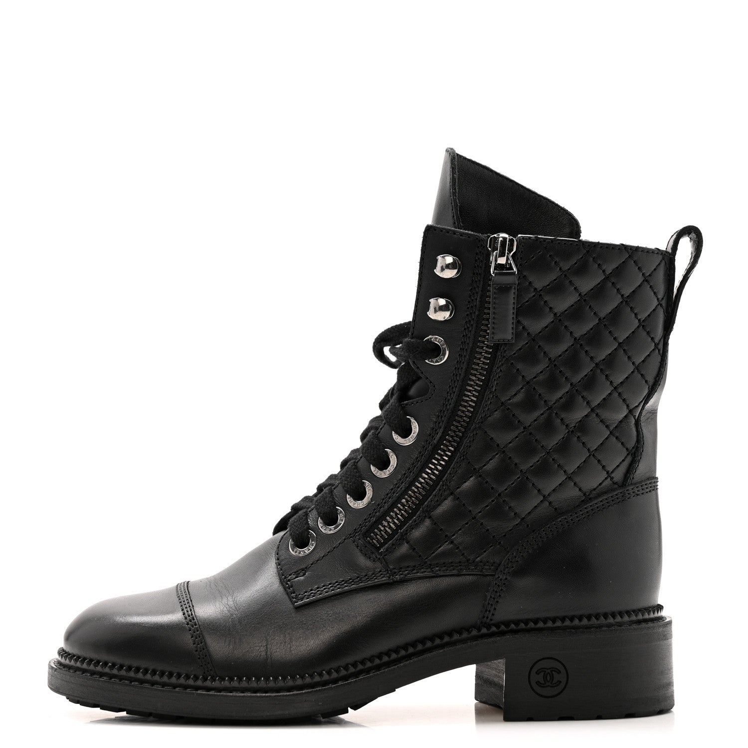 Chanel Calfskin Quilted Lace Up Combat Boots 36.5 Black 1826684
