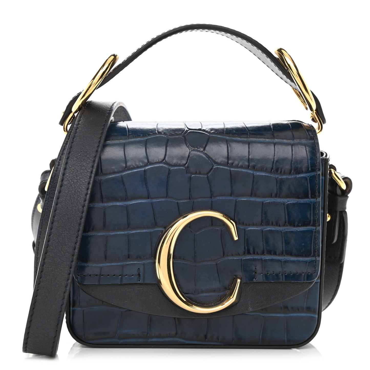 Calfskin Crocodile Embossed Mini C Double Carry Full Blue