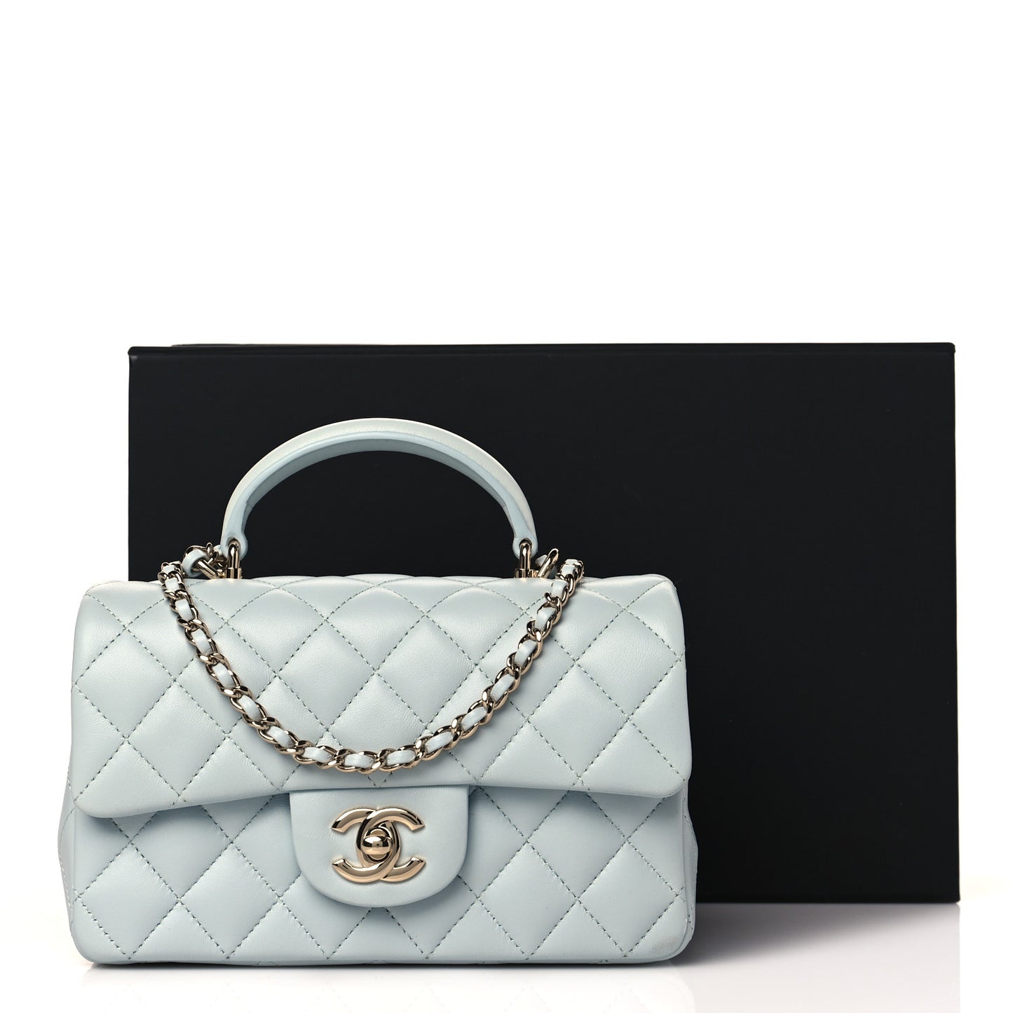 Lambskin Quilted Mini Top Handle Rectangular Flap Light Blue